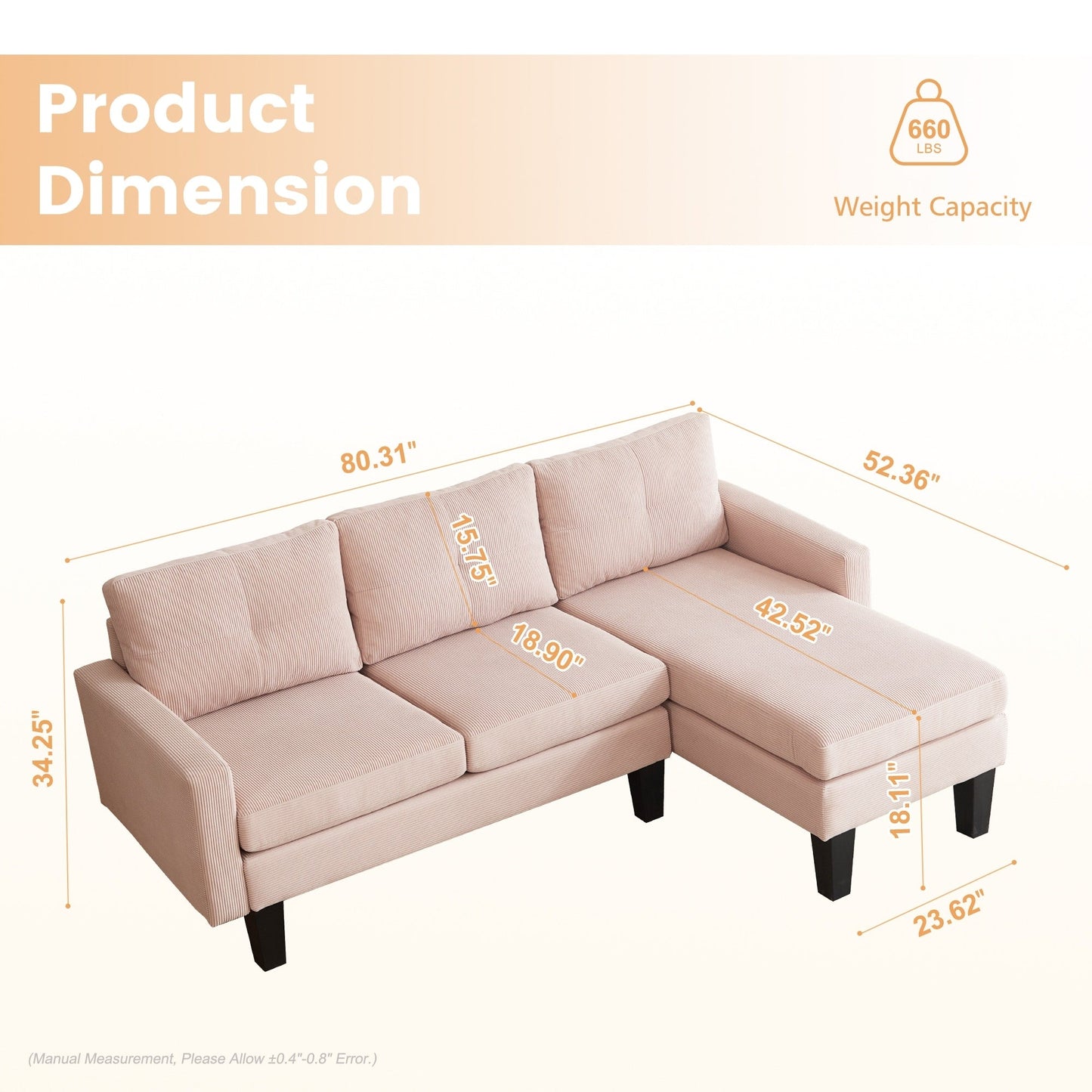 HOOOWOOO Modern L-shaped Corduroy Fabric Chaise Sofa