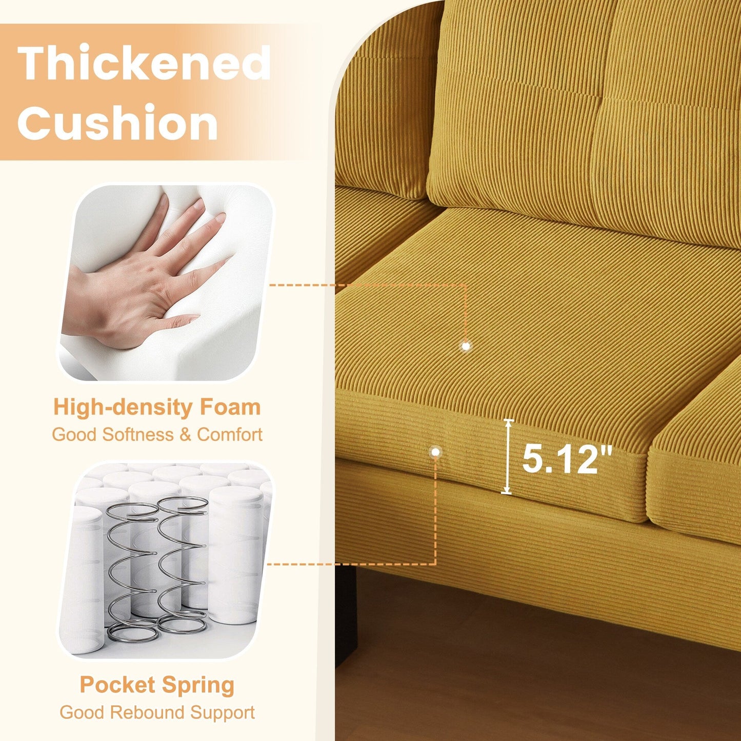 HOOOWOOO Modern L-shaped Corduroy Fabric Chaise Sofa