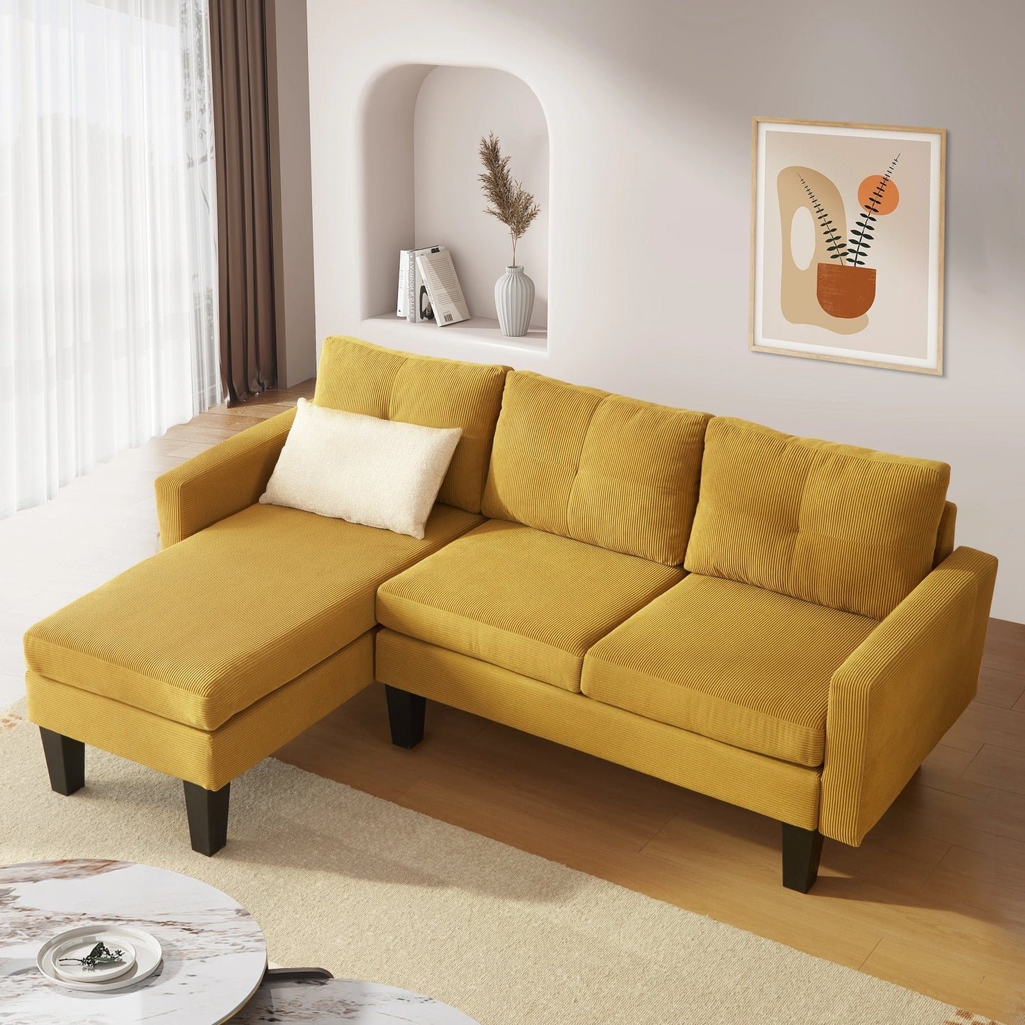HOOOWOOO Modern L-shaped Corduroy Fabric Chaise Sofa