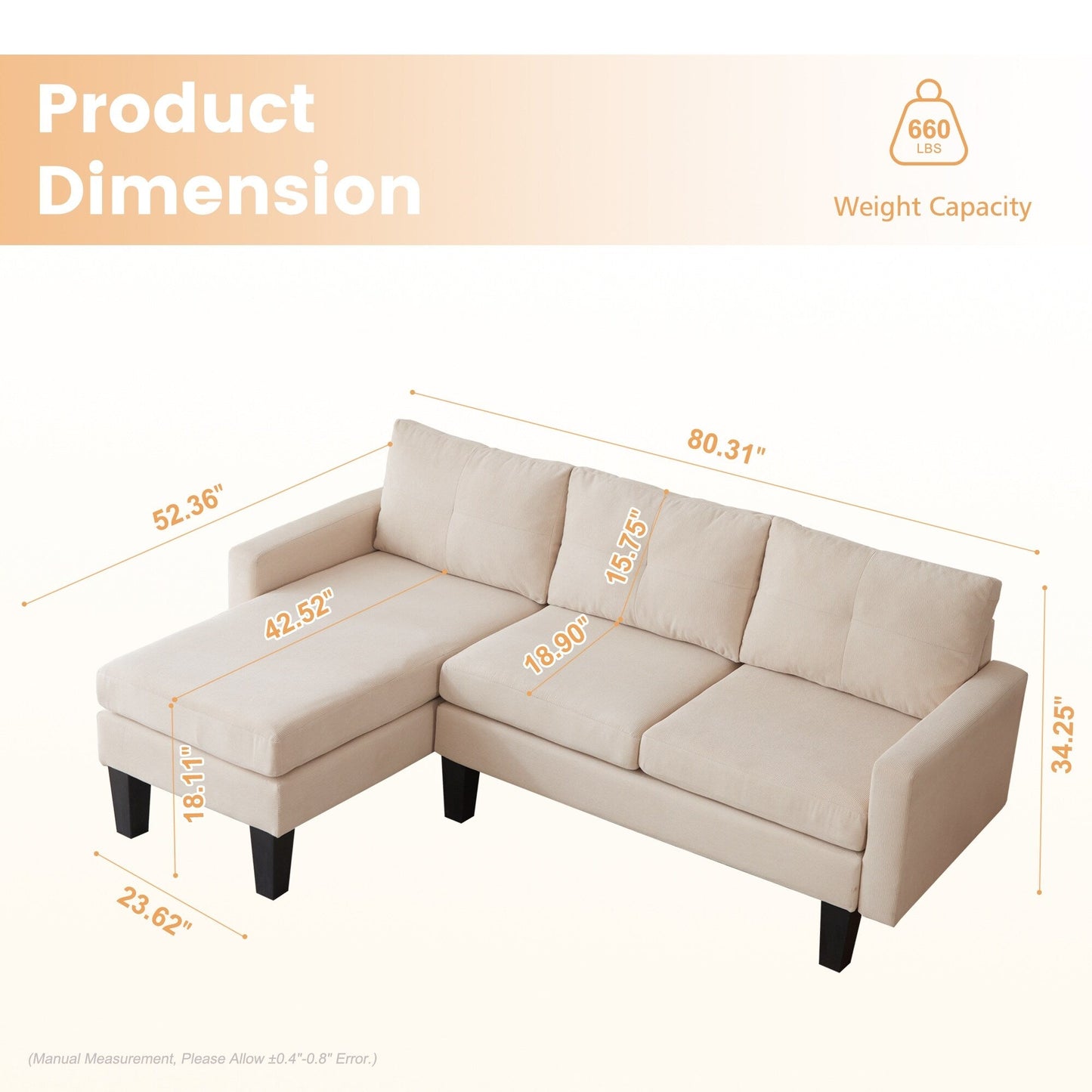 HOOOWOOO Modern L-shaped Corduroy Fabric Chaise Sofa