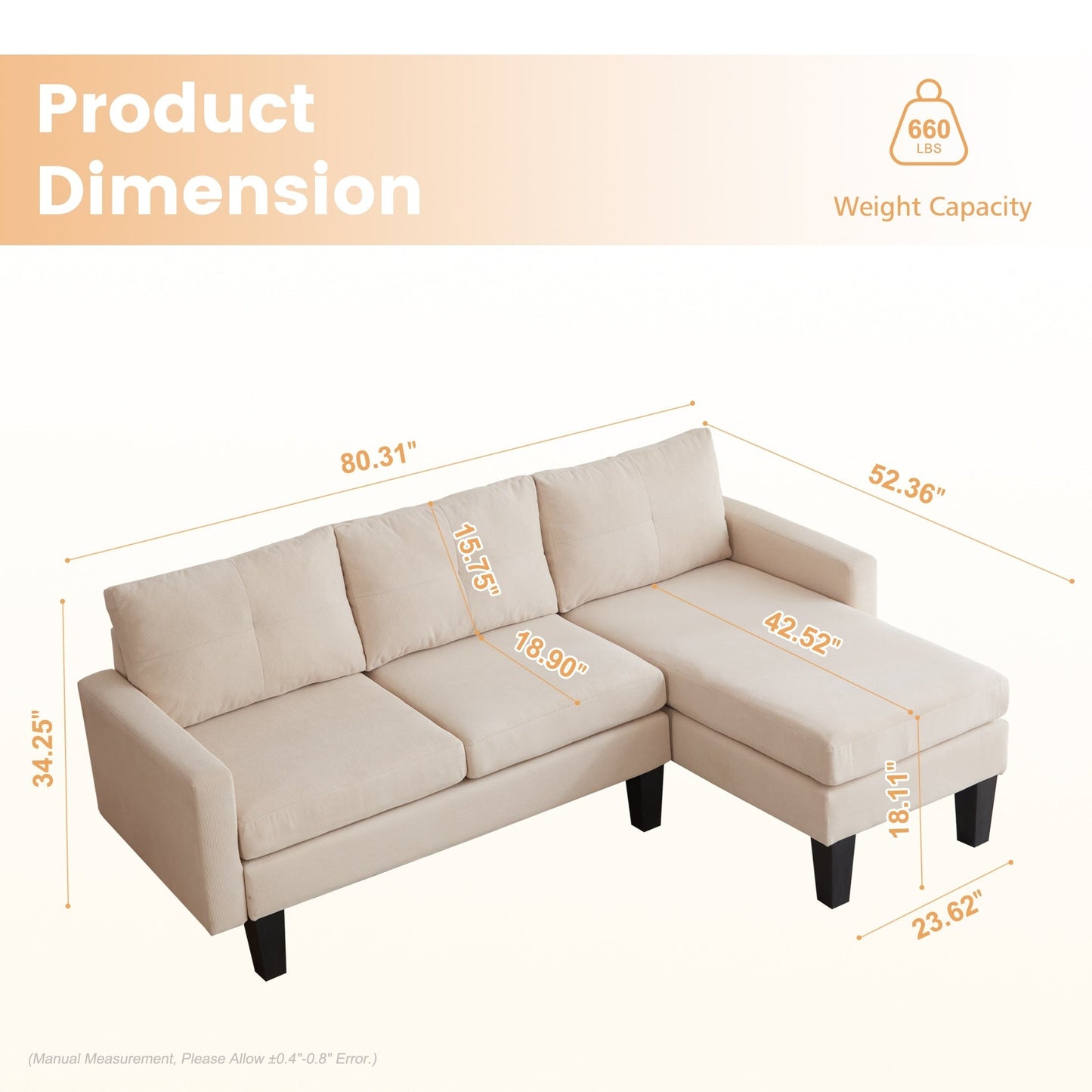 HOOOWOOO Modern L-shaped Corduroy Fabric Chaise Sofa