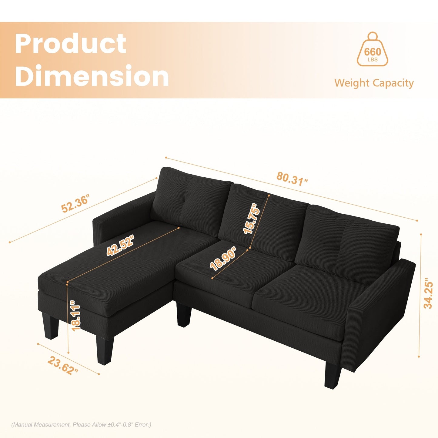 HOOOWOOO Modern L-shaped Corduroy Fabric Chaise Sofa