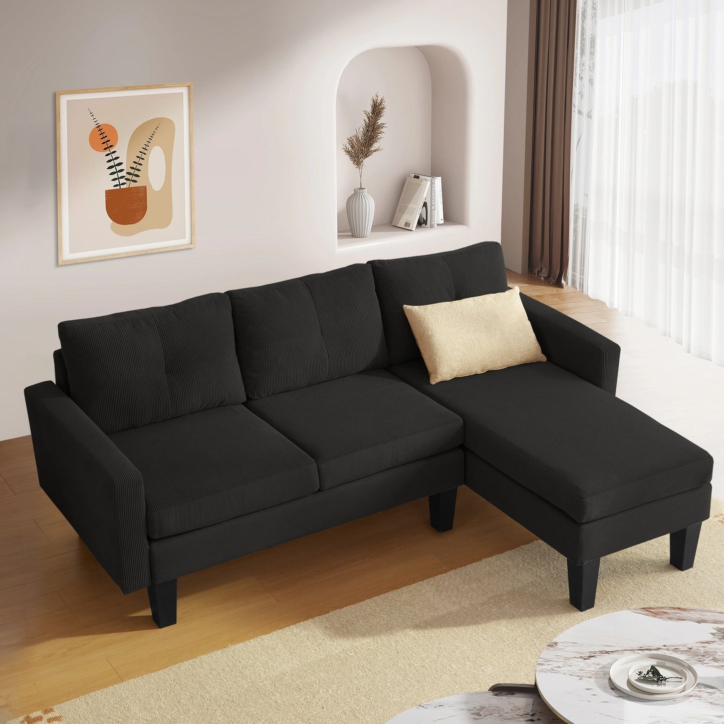 HOOOWOOO Modern L-shaped Corduroy Fabric Chaise Sofa