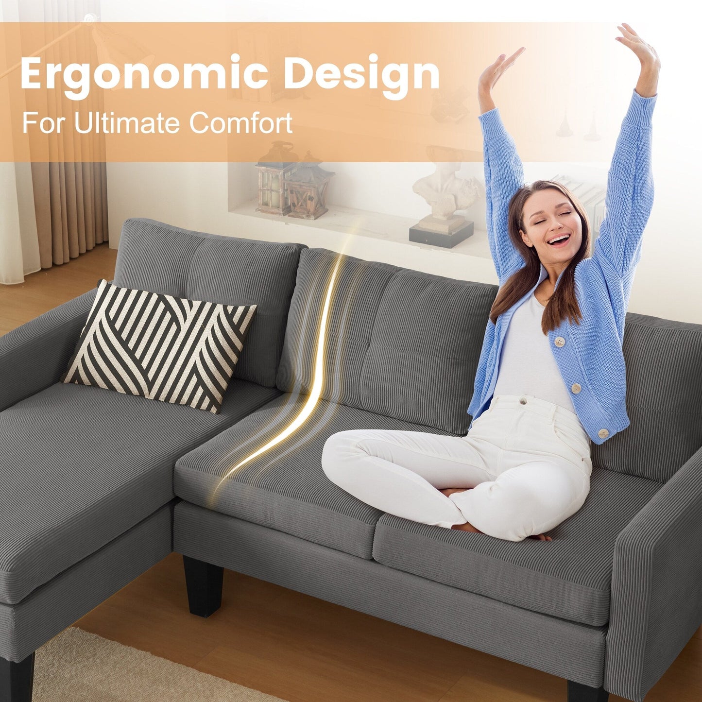 HOOOWOOO Modern L-shaped Corduroy Fabric Chaise Sofa