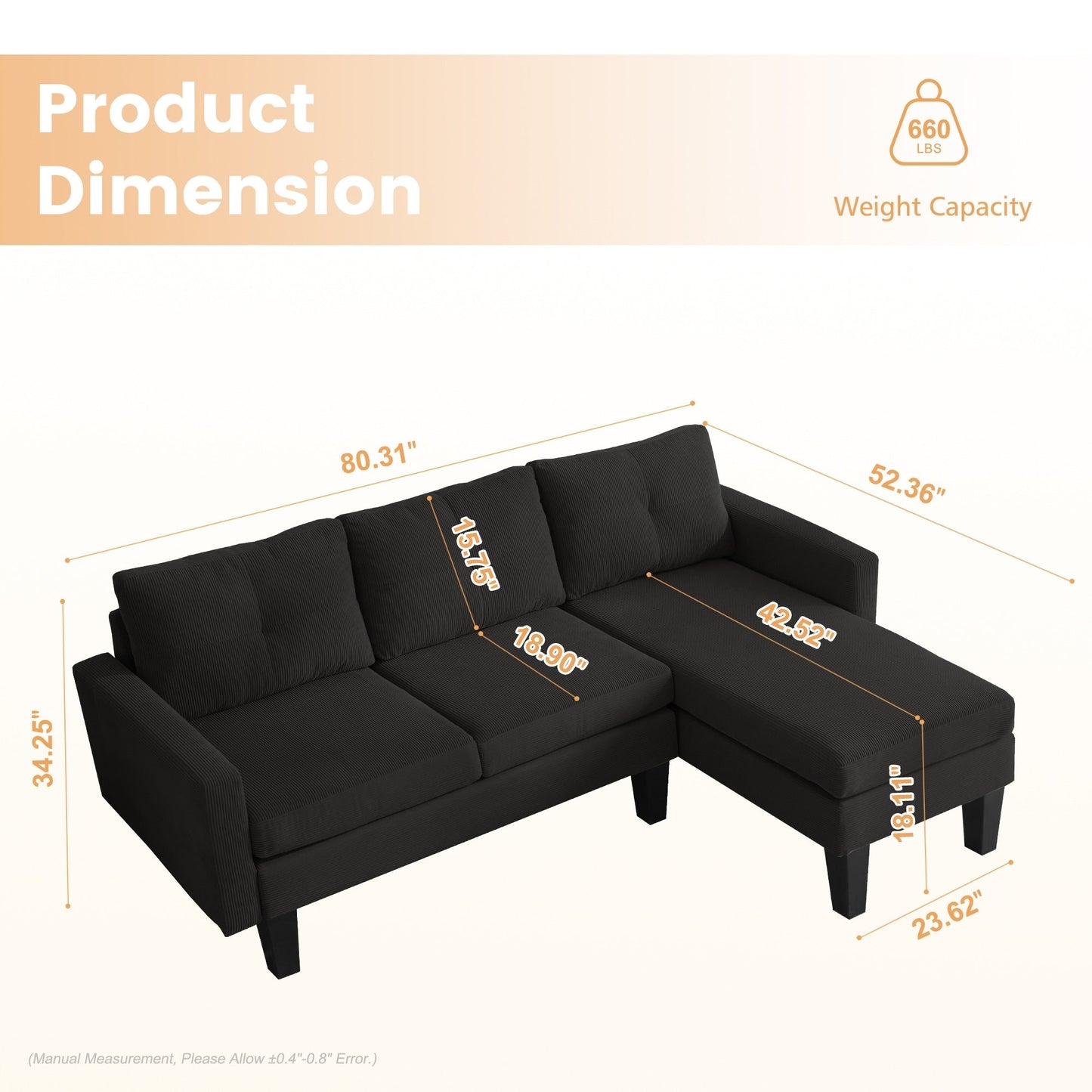 HOOOWOOO Modern L-shaped Corduroy Fabric Chaise Sofa