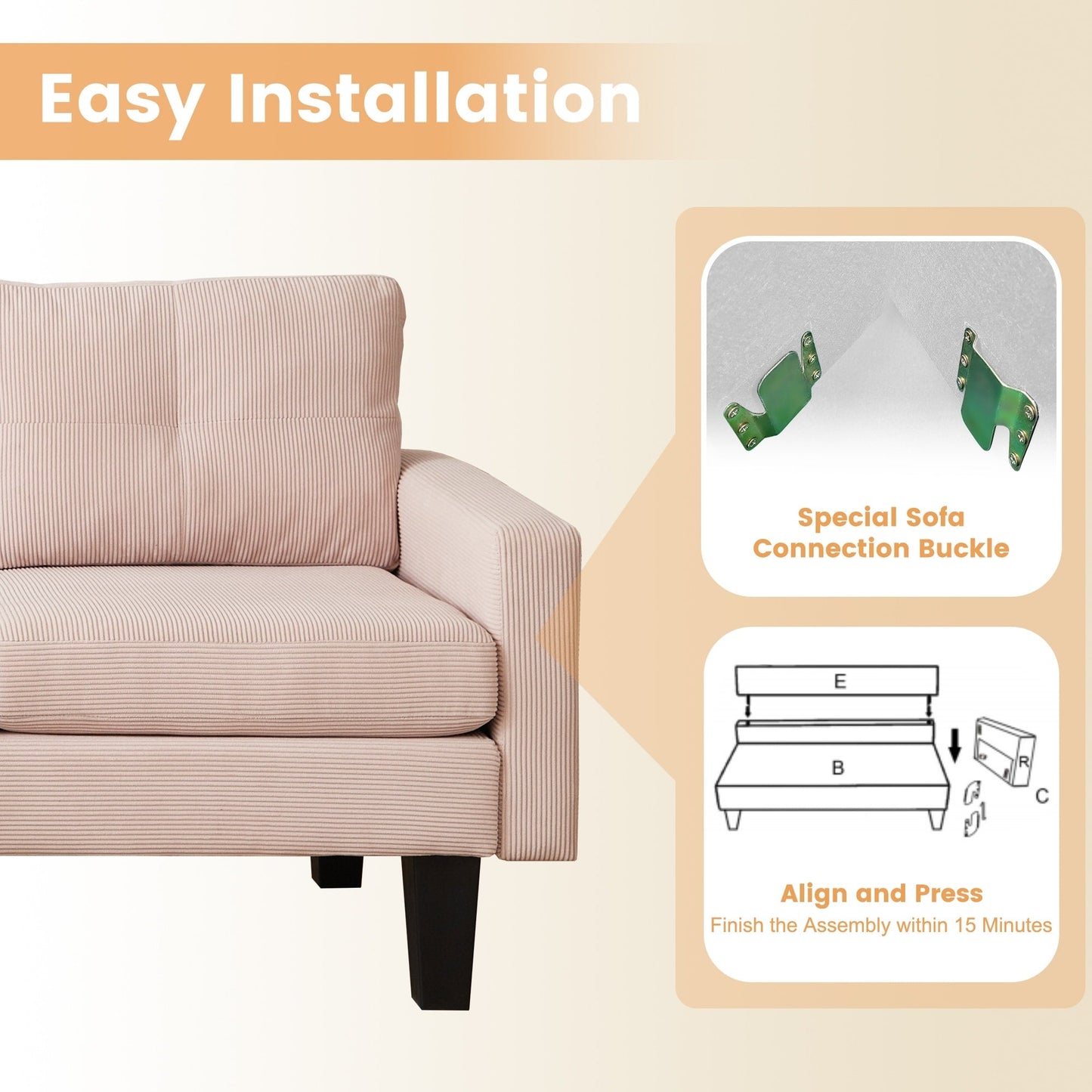 HOOOWOOO Modern L-shaped Corduroy Fabric Chaise Sofa