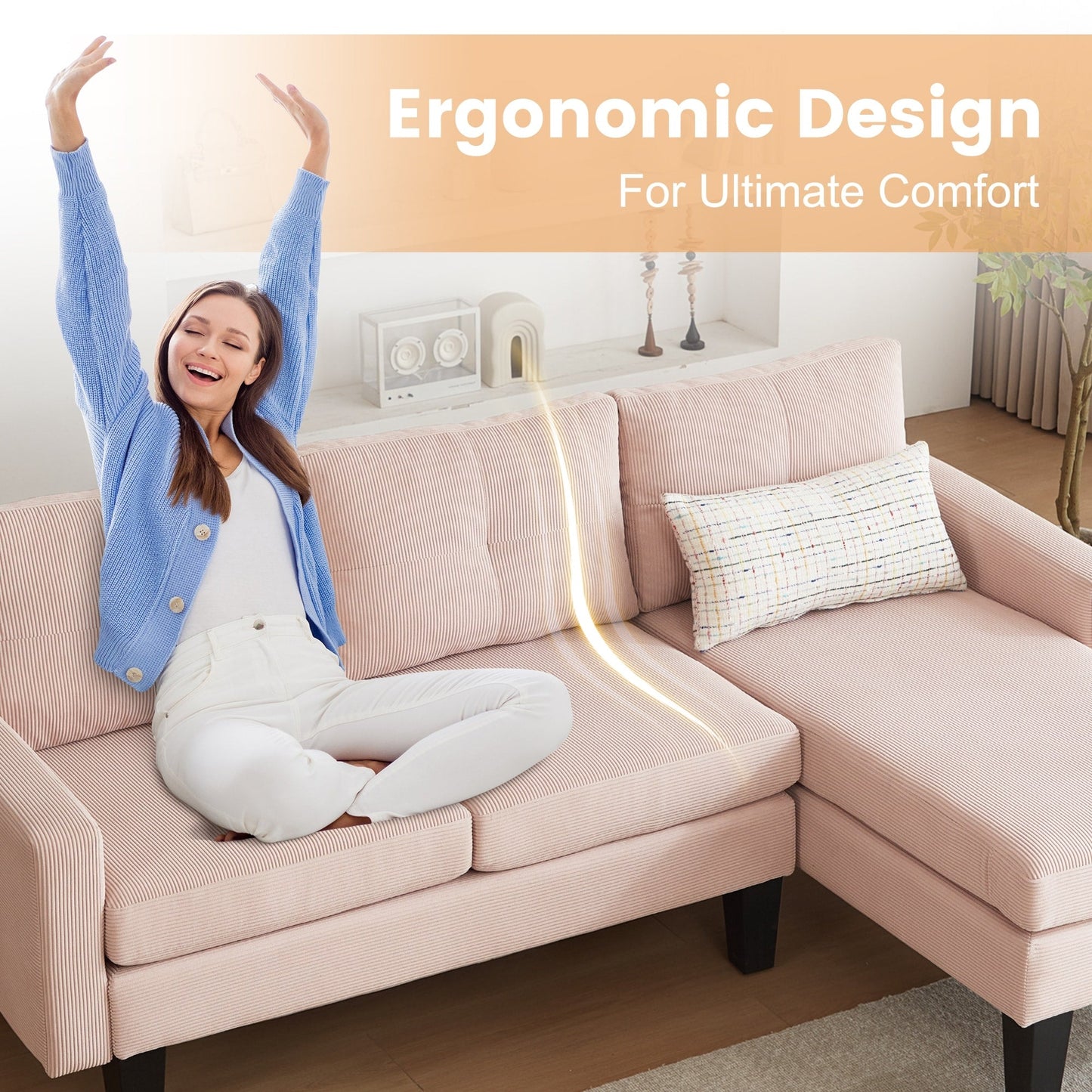 HOOOWOOO Modern L-shaped Corduroy Fabric Chaise Sofa