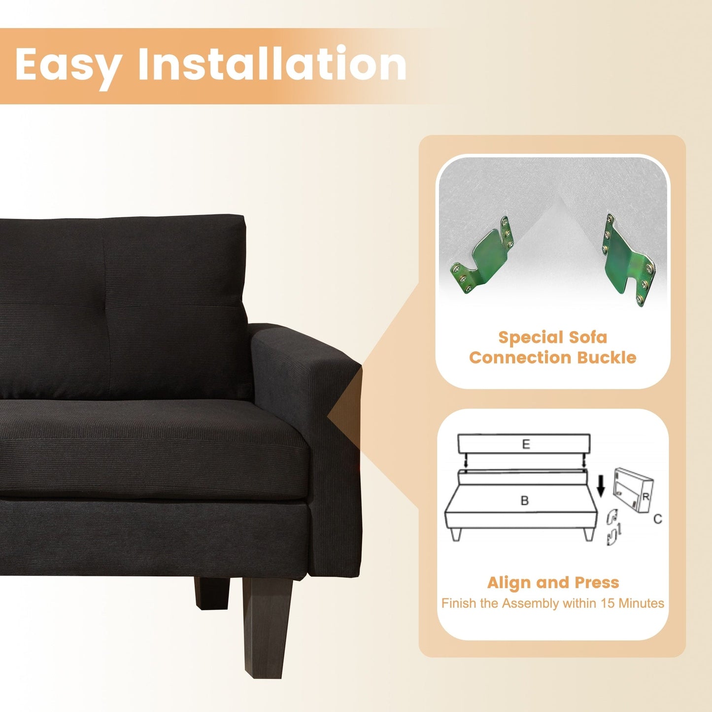 HOOOWOOO Modern L-shaped Corduroy Fabric Chaise Sofa