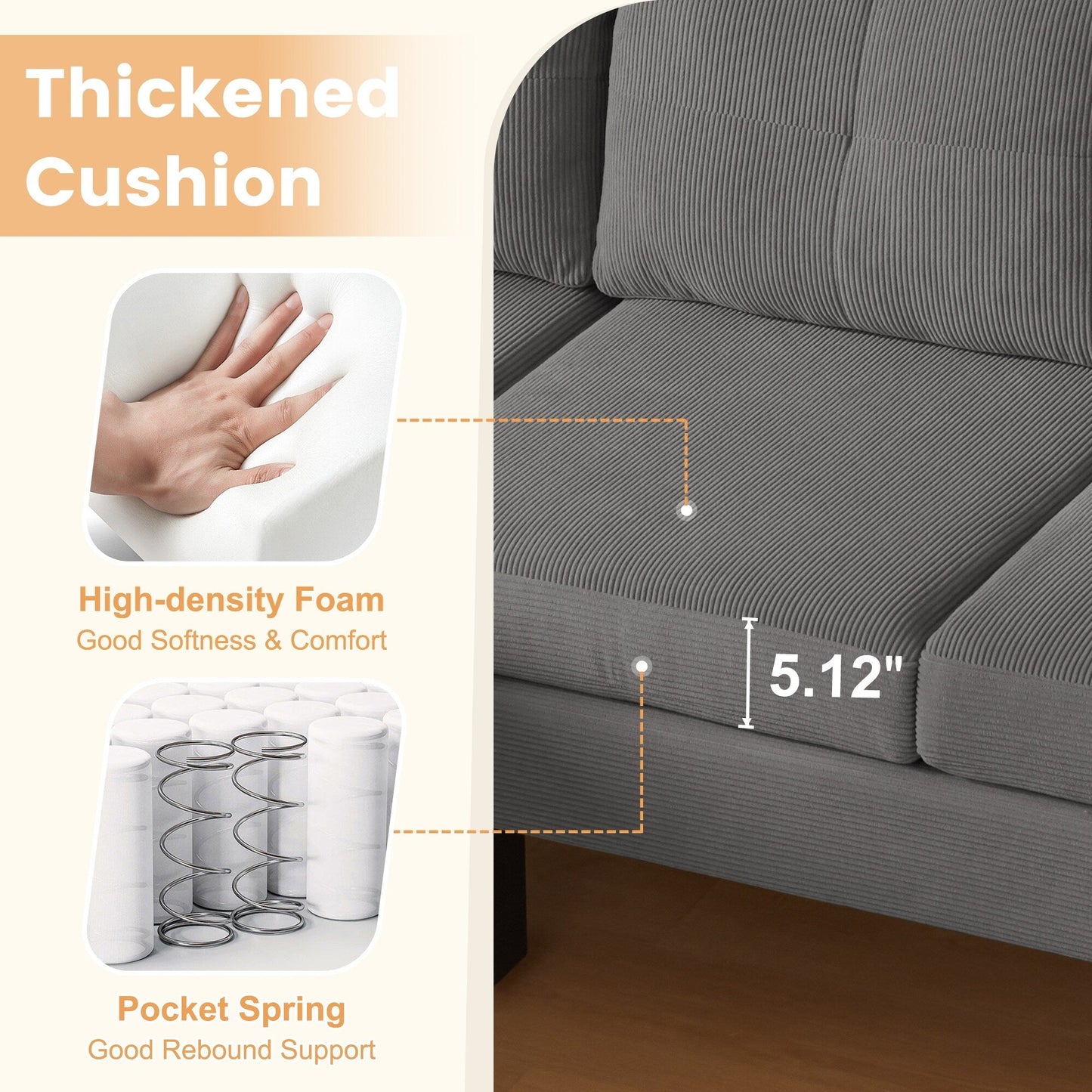 HOOOWOOO Modern L-shaped Corduroy Fabric Chaise Sofa
