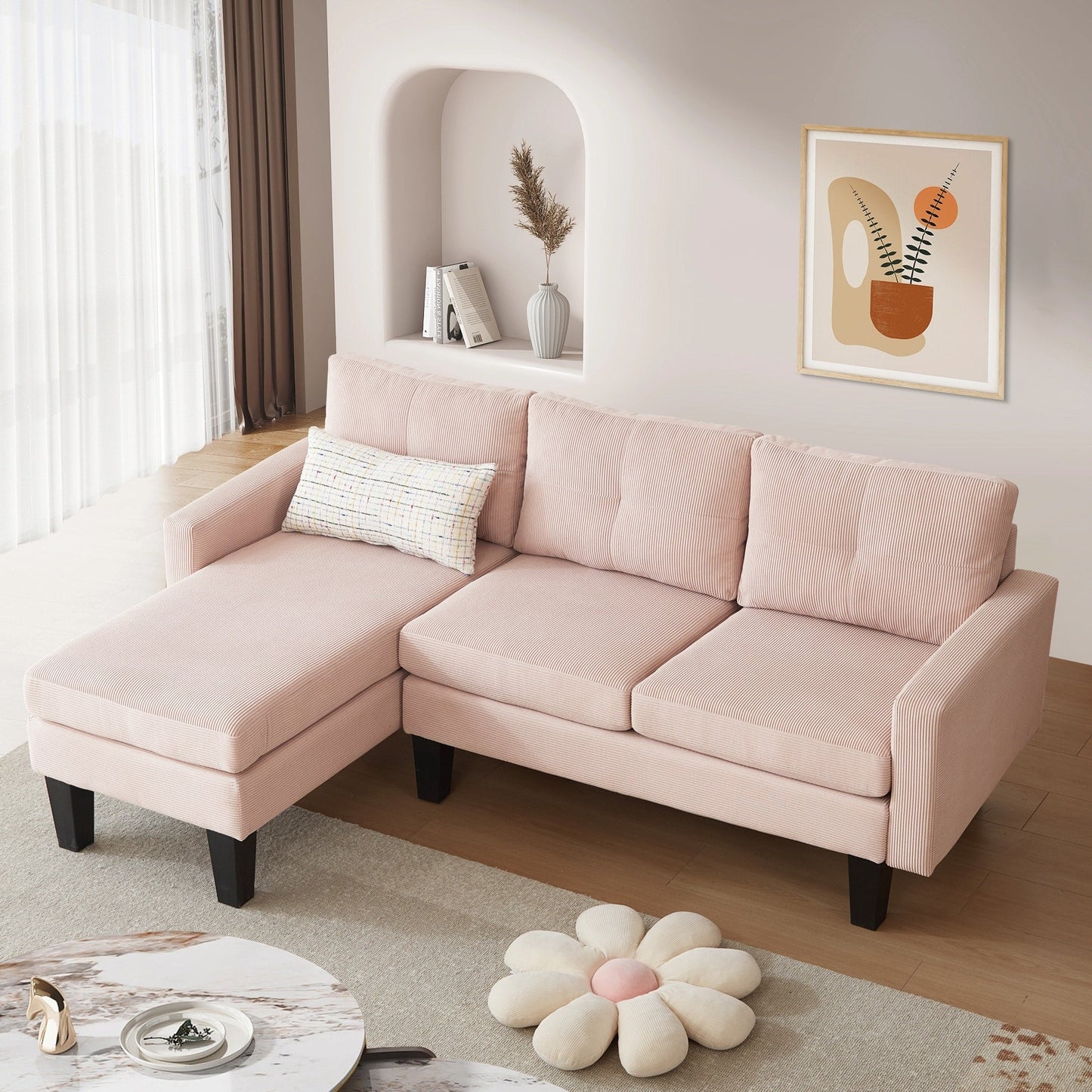 HOOOWOOO Modern L-shaped Corduroy Fabric Chaise Sofa
