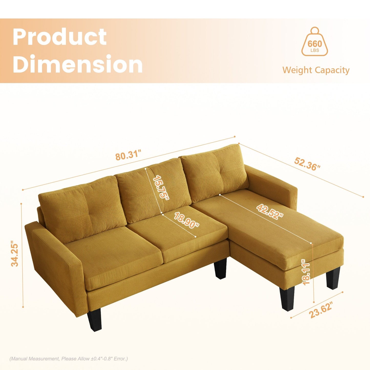 HOOOWOOO Modern L-shaped Corduroy Fabric Chaise Sofa