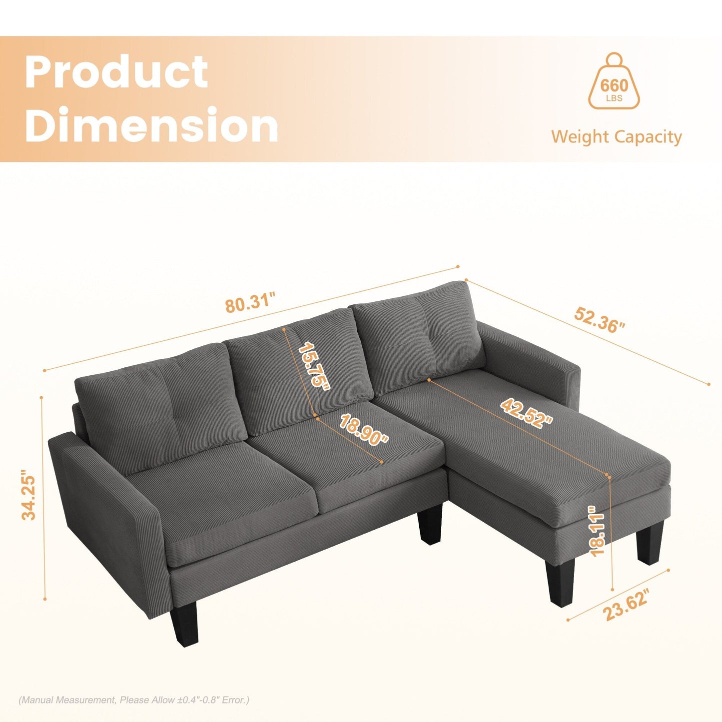 HOOOWOOO Modern L-shaped Corduroy Fabric Chaise Sofa