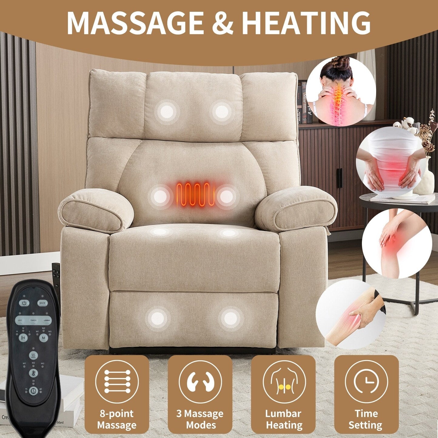 Heat Massage Dual Motor Infinite Position Large Electric Power Lift Recliners with Hidden Cup Holders,Power-Remote,Medium-firm