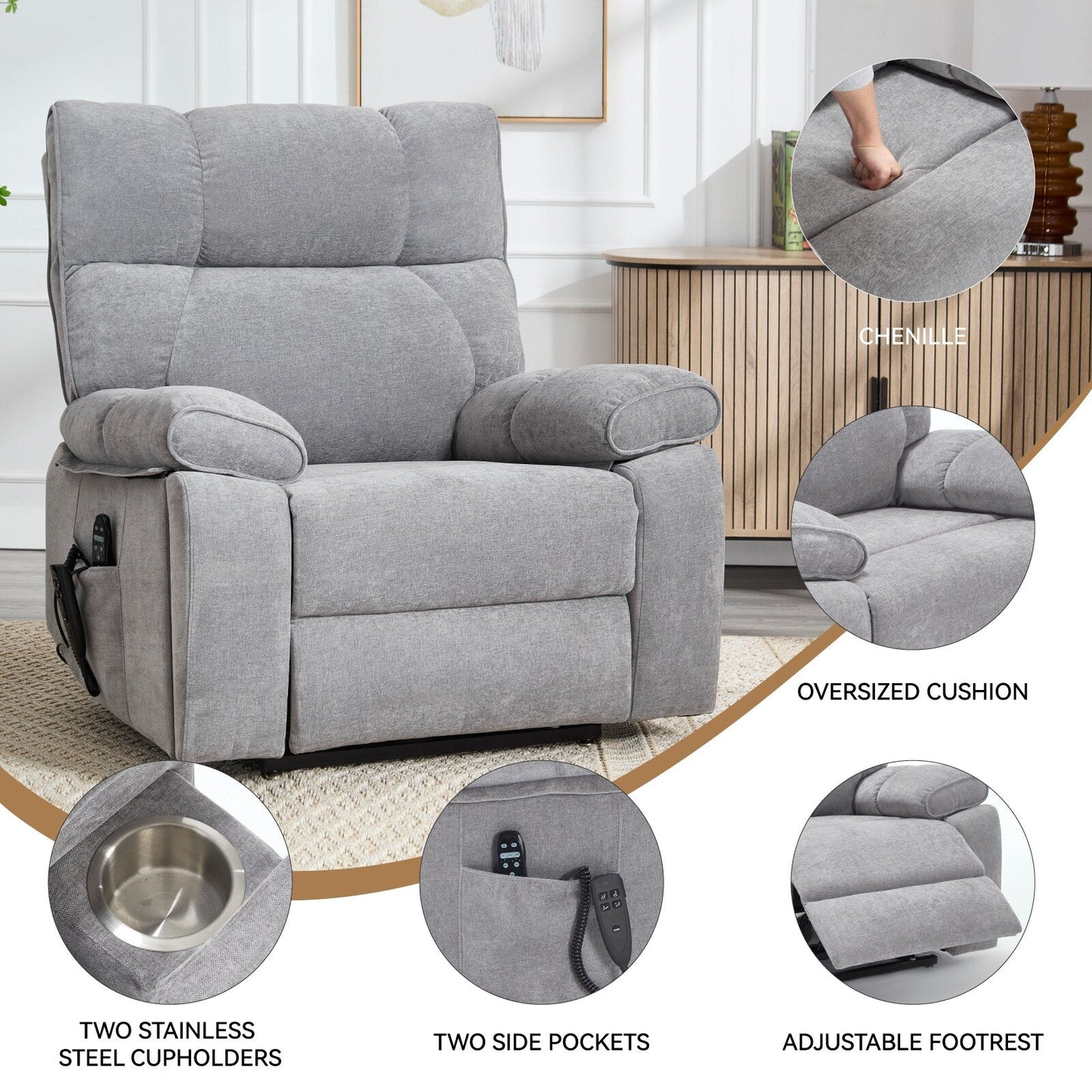 Heat Massage Dual Motor Infinite Position Large Electric Power Lift Recliners with Hidden Cup Holders,Power-Remote,Medium-firm