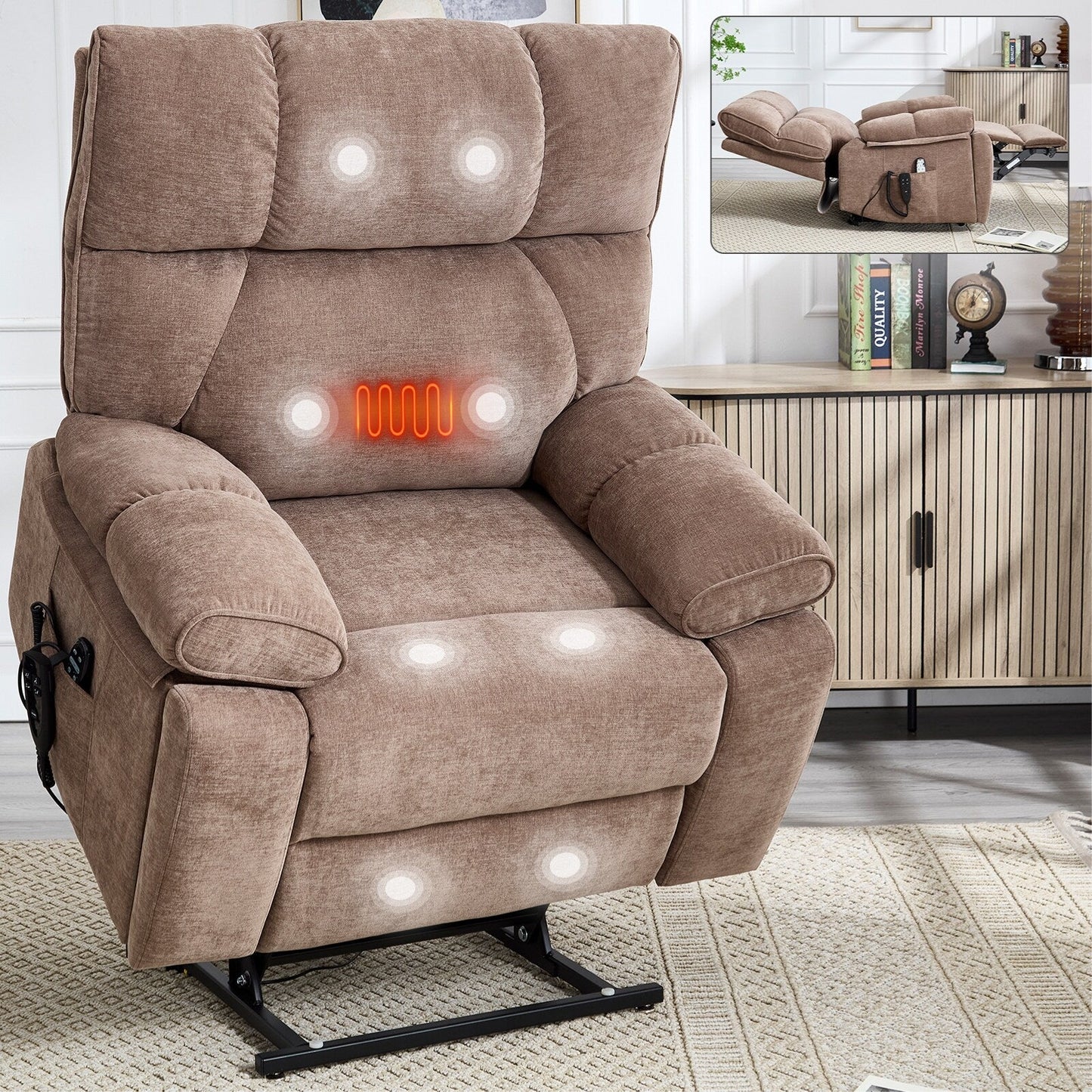 Heat Massage Dual Motor Infinite Position Large Electric Power Lift Recliners with Hidden Cup Holders,Power-Remote,Medium-firm