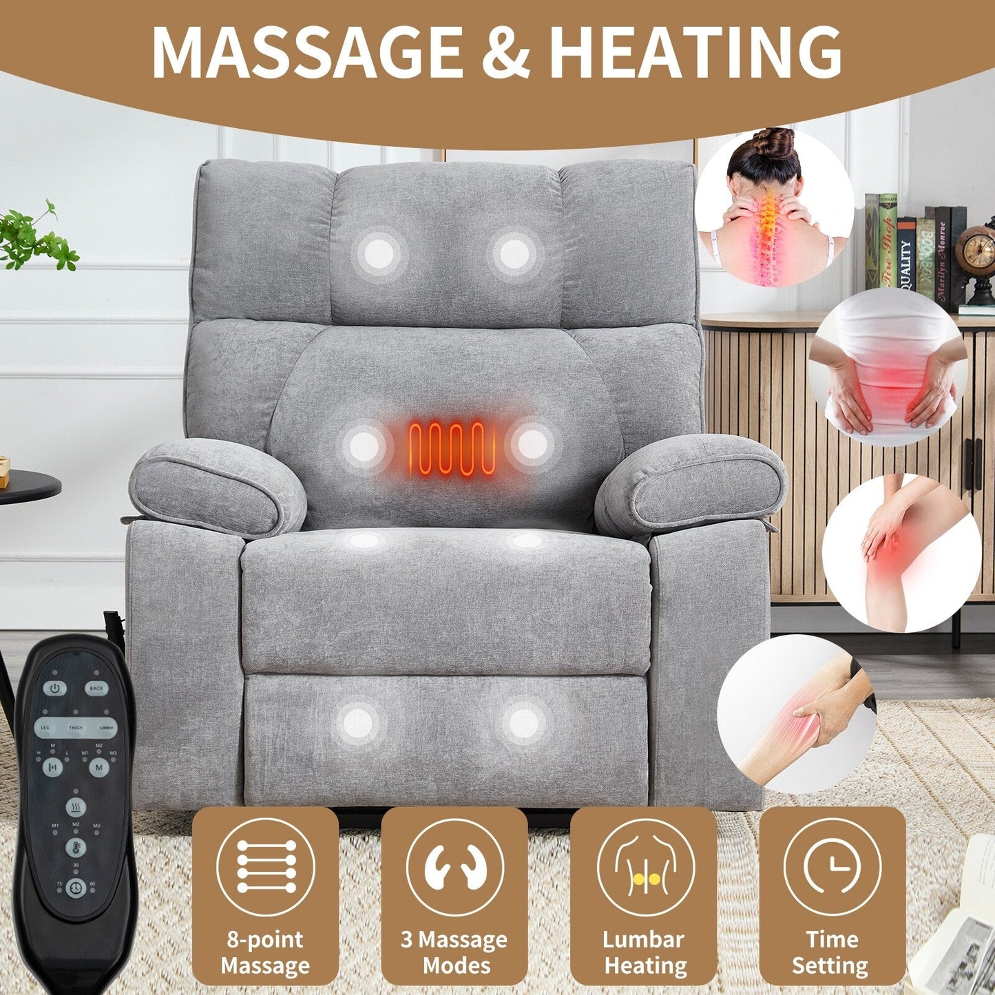 Heat Massage Dual Motor Infinite Position Large Electric Power Lift Recliners with Hidden Cup Holders,Power-Remote,Medium-firm