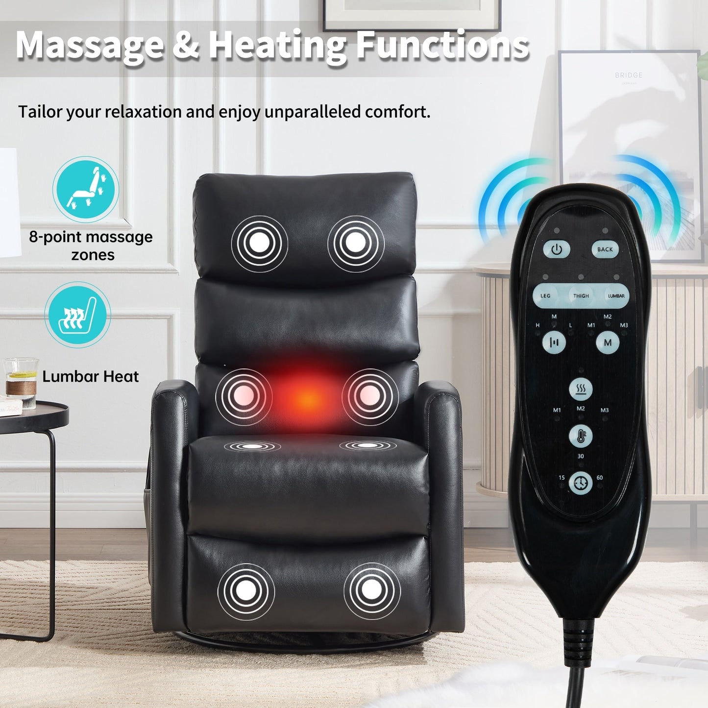 Heat Massage Manual Recliner Chair with Rocker and Swivel in Fabric for Living Room
