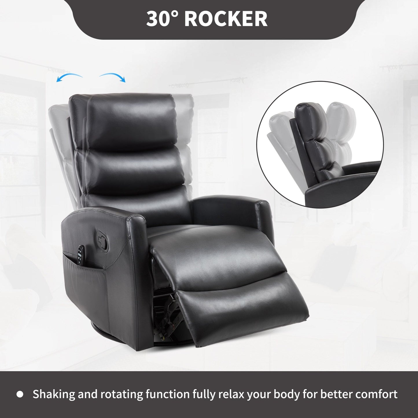 Heat Massage Manual Recliner Chair with Rocker and Swivel in Fabric for Living Room, Black