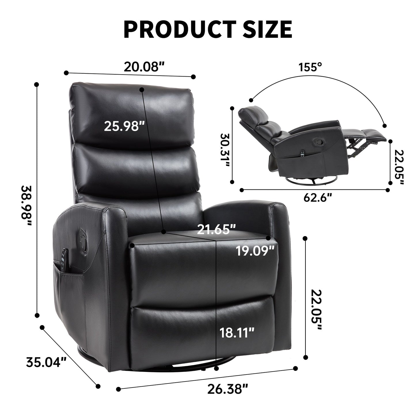 Heat Massage Manual Recliner Chair with Rocker and Swivel in Fabric for Living Room, Black