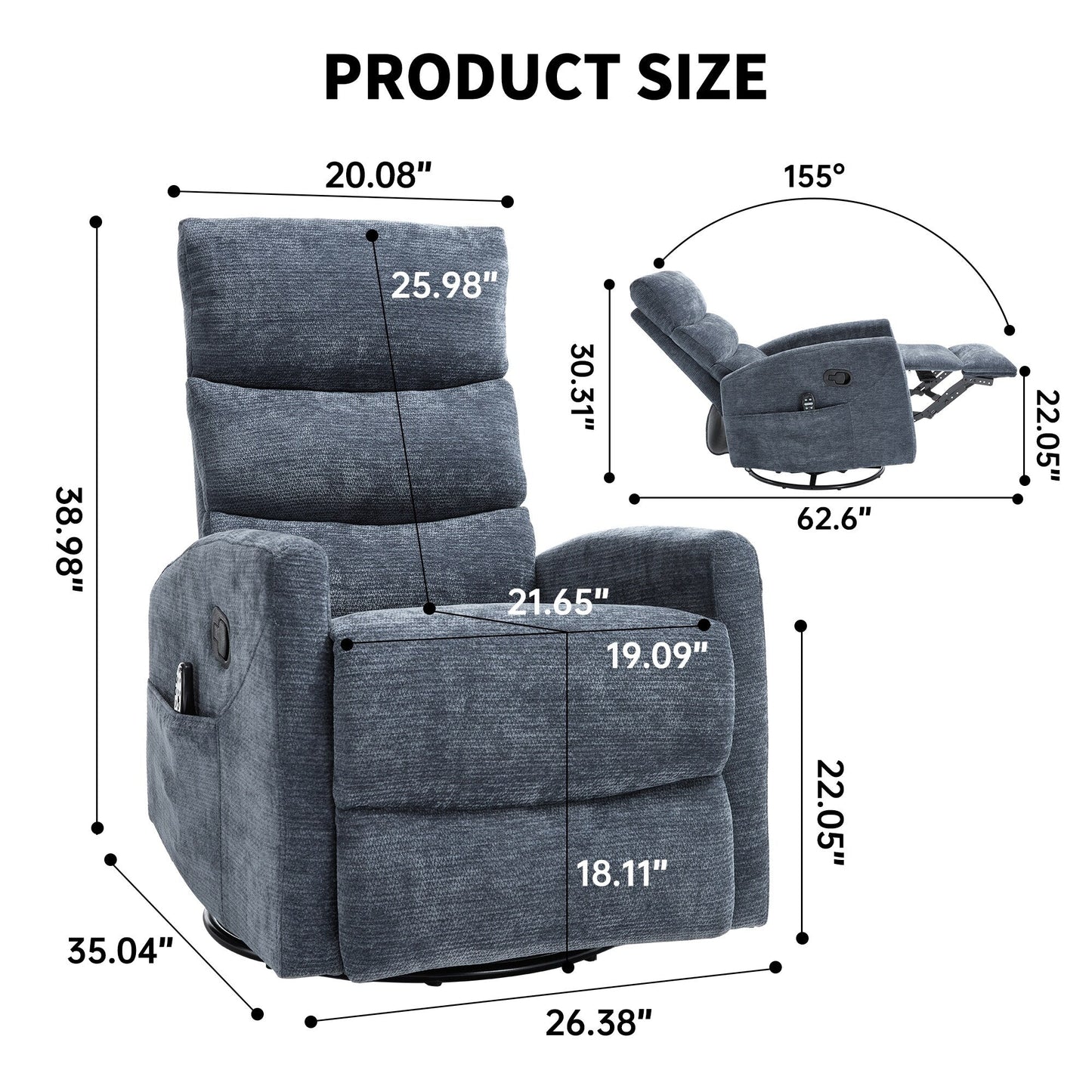 Heat Massage Manual Recliner Chair with Rocker and Swivel in Fabric for Living Room, Blue