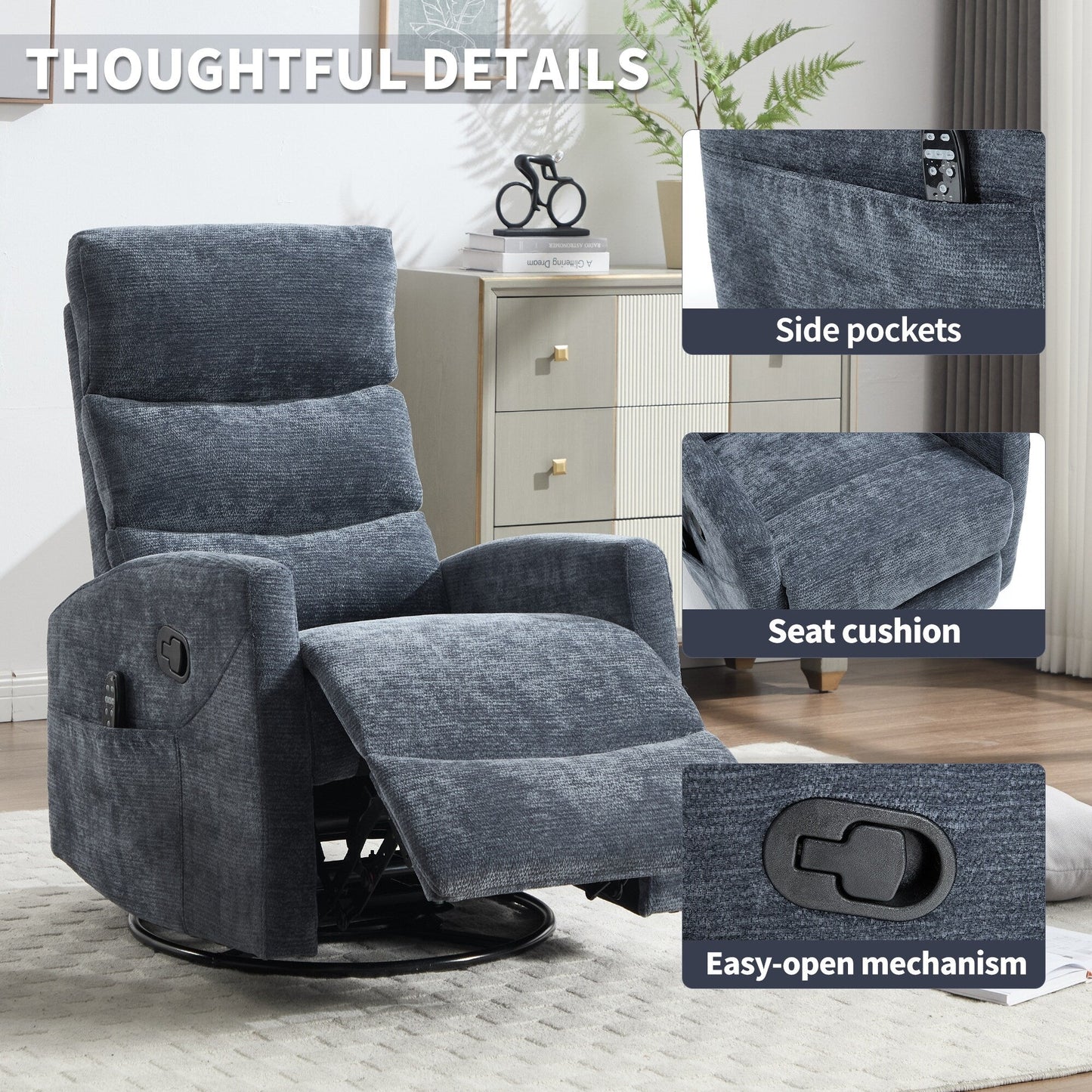 Heat Massage Manual Recliner Chair with Rocker and Swivel in Fabric for Living Room, Blue