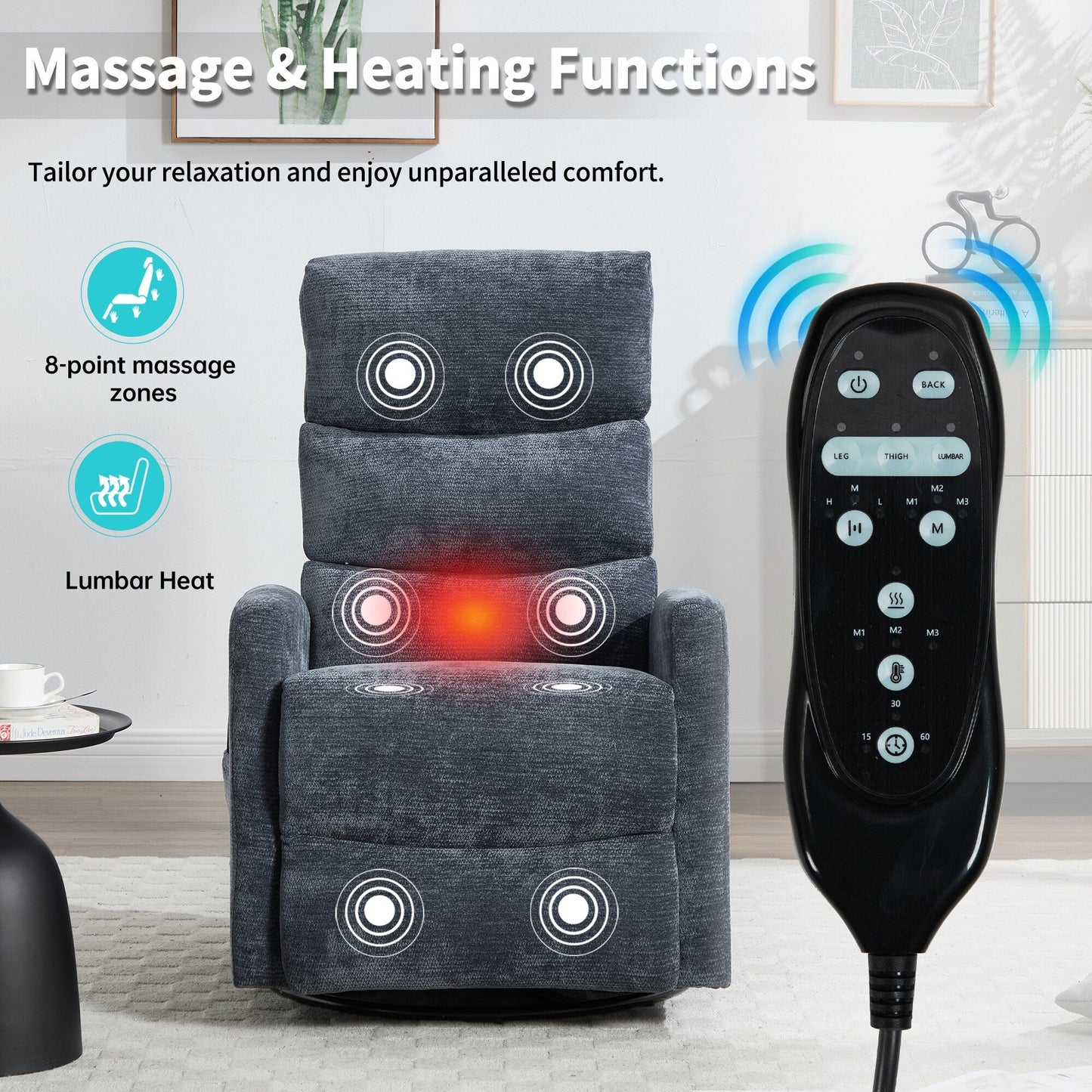 Heat Massage Manual Recliner Chair with Rocker and Swivel in Fabric for Living Room, Blue