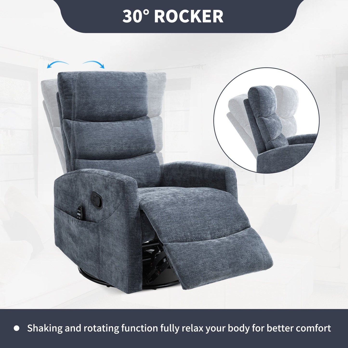 Heat Massage Manual Recliner Chair with Rocker and Swivel in Fabric for Living Room, Blue