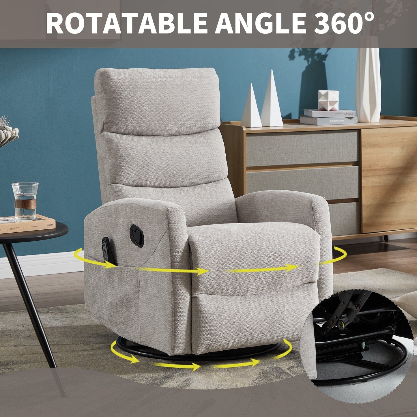 Heat Massage Manual Recliner Chair with Rocker and Swivel in Fabric for Living Room,Grey
