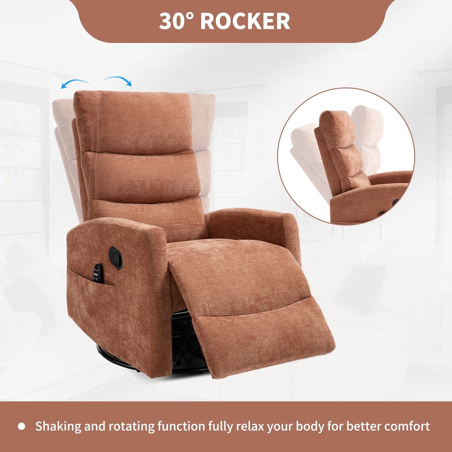 Heat Massage Manual Recliner Chair with Rocker and Swivel in Fabric for Living Room