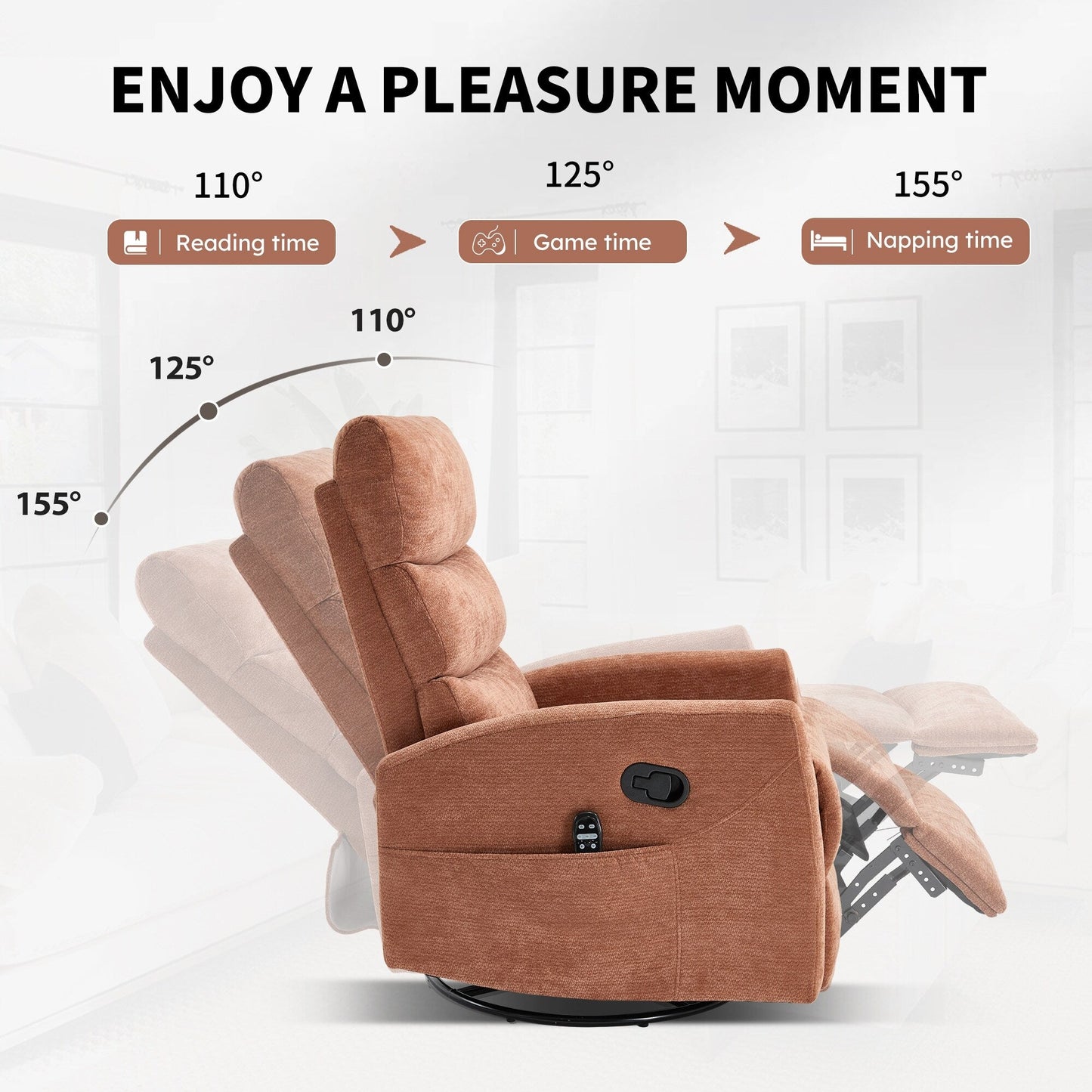 Heat Massage Manual Recliner Chair with Rocker and Swivel in Fabric for Living Room