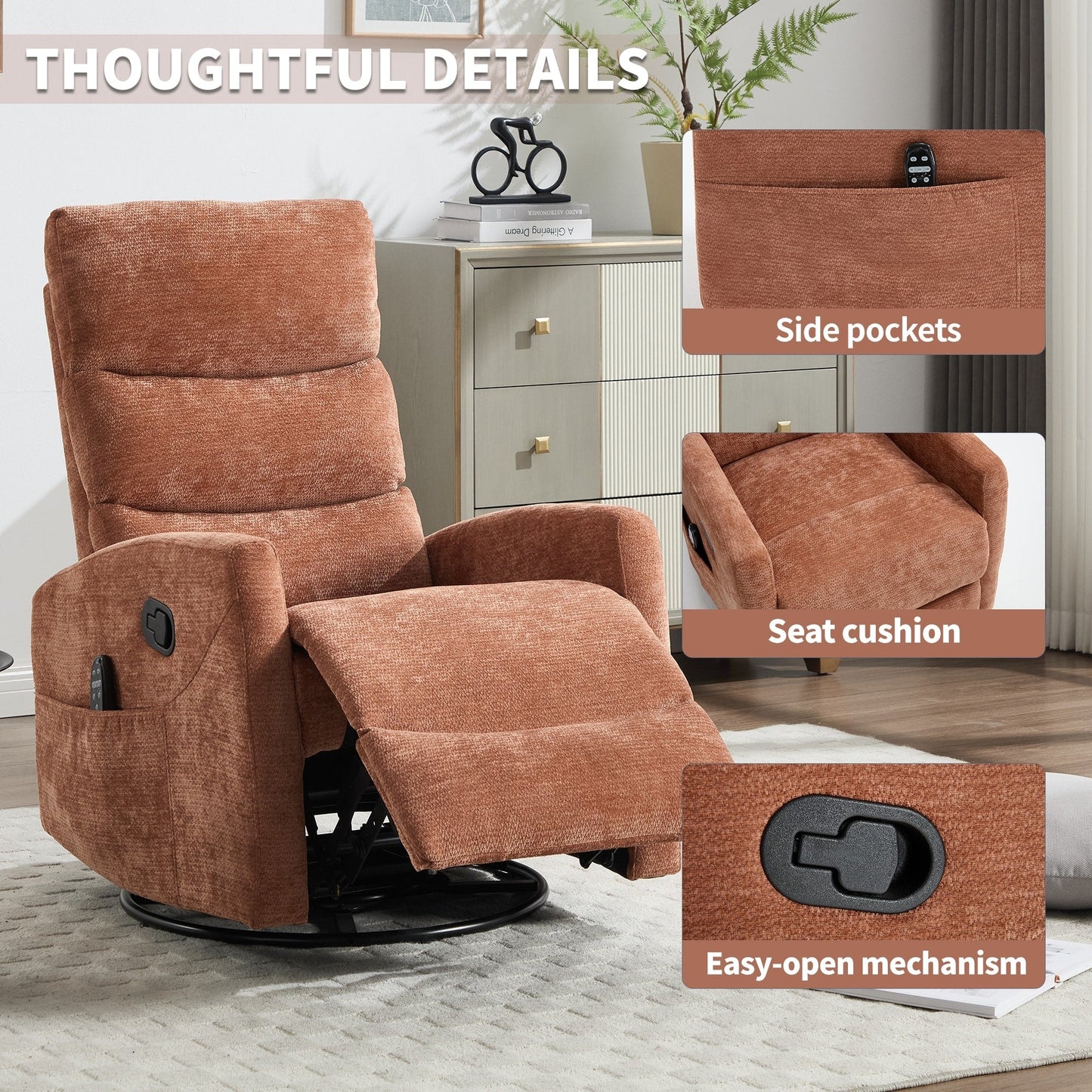 Heat Massage Manual Recliner Chair with Rocker and Swivel in Fabric for Living Room