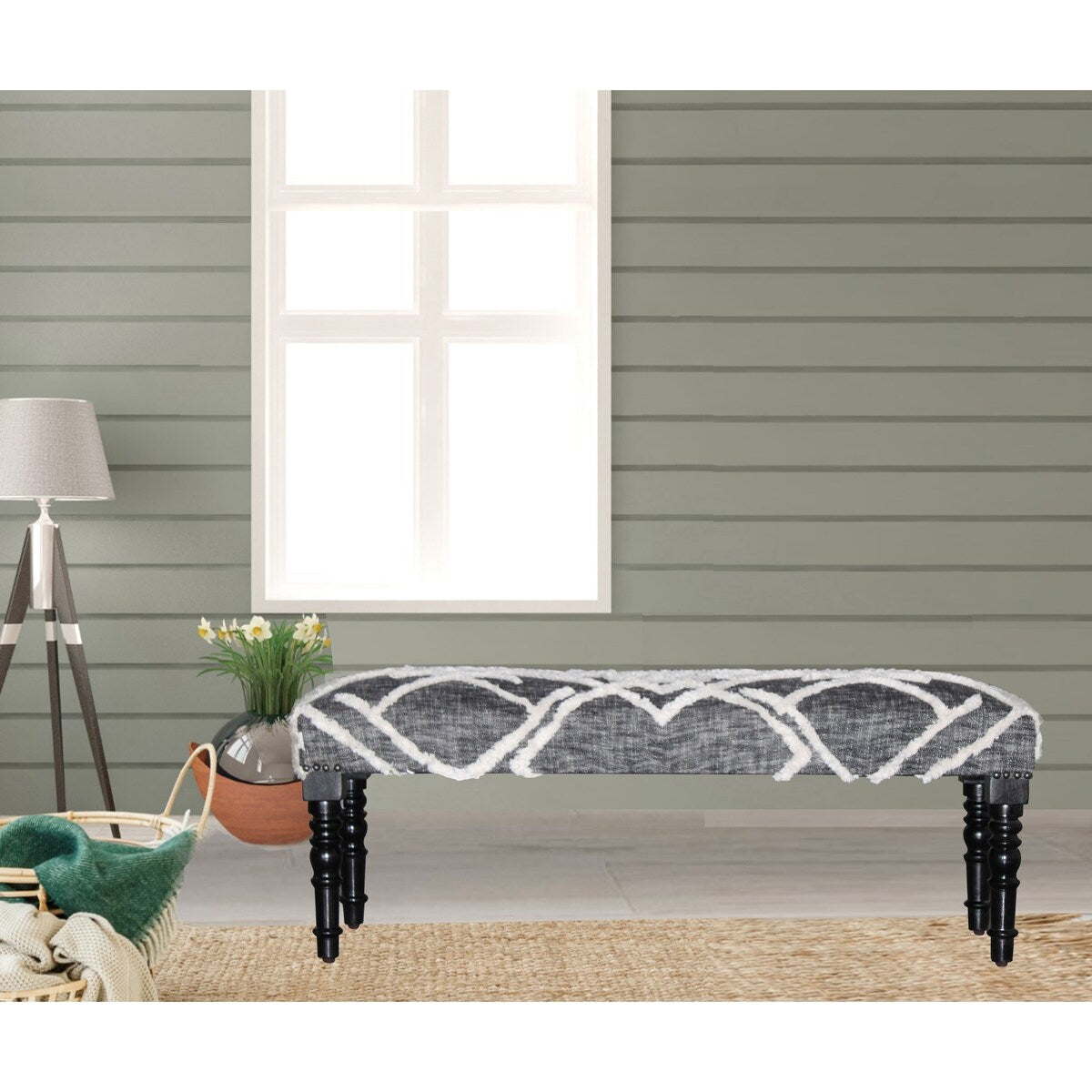 HomeRoots 47 Gray And White Cotton Upholstered Distressed Bench - 47 x 18 x 16