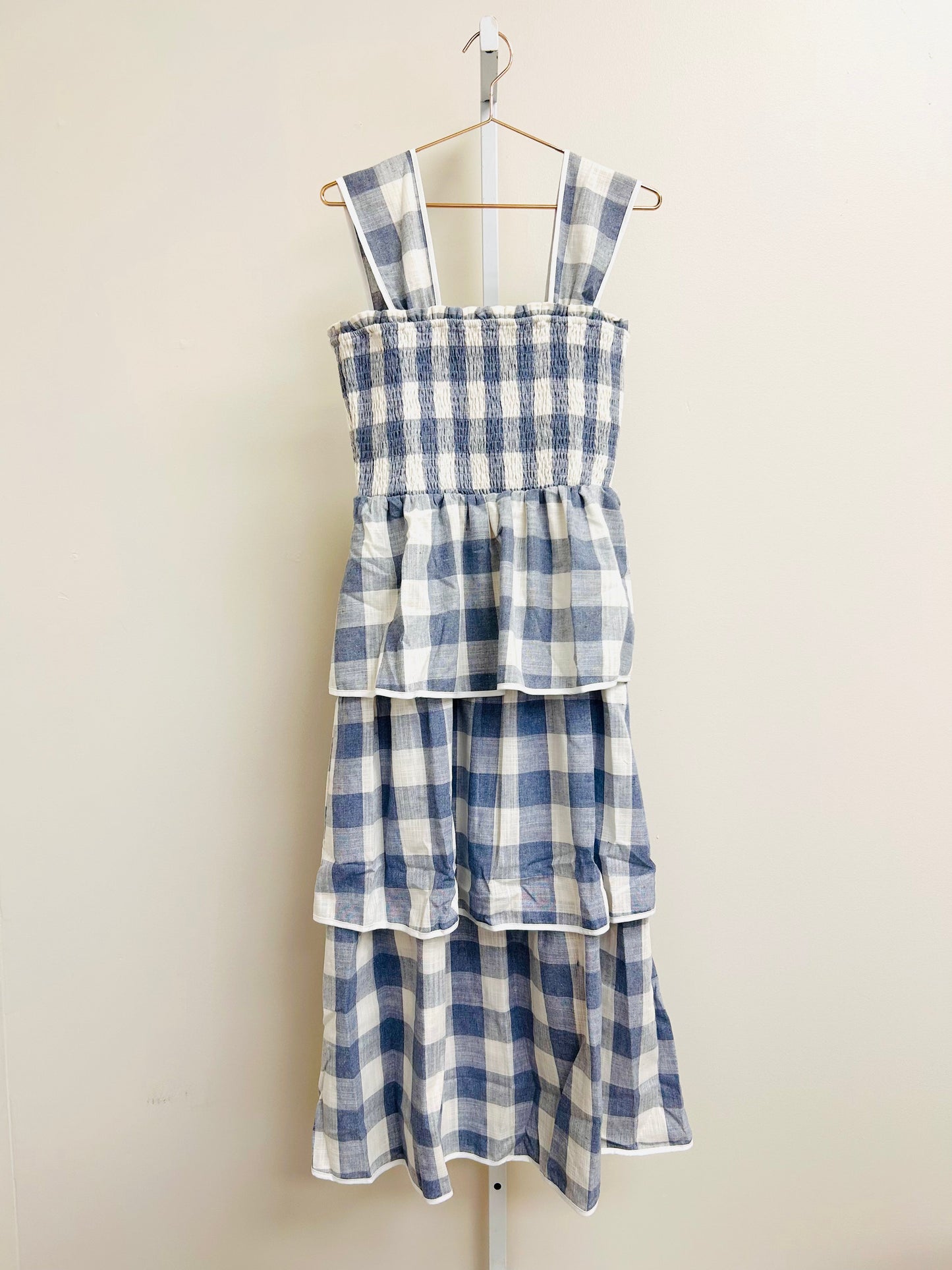 Ree Gingham Tiered Midi Dress in Blue