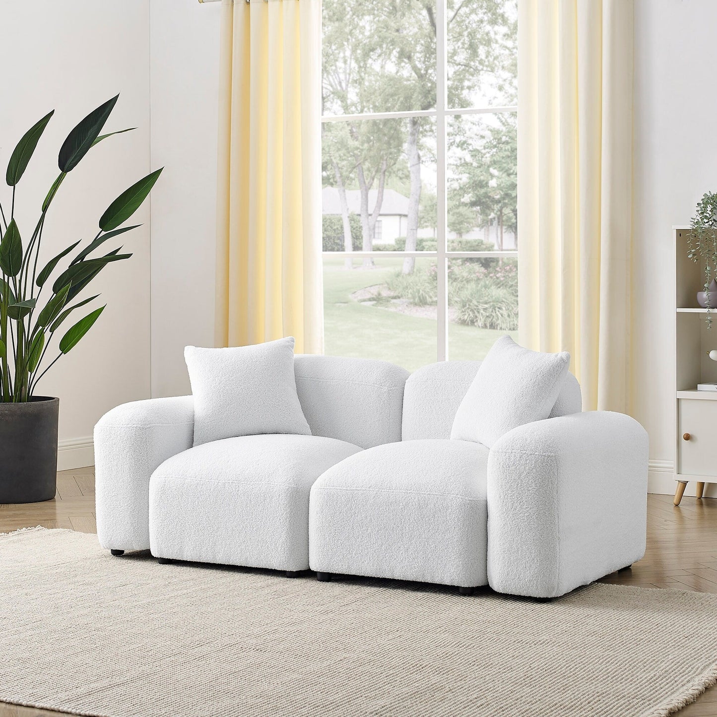 Ivory Polyester Loveseat Modular Sofa with Solid Wood Frame and Plastic Black Legs for Living Room