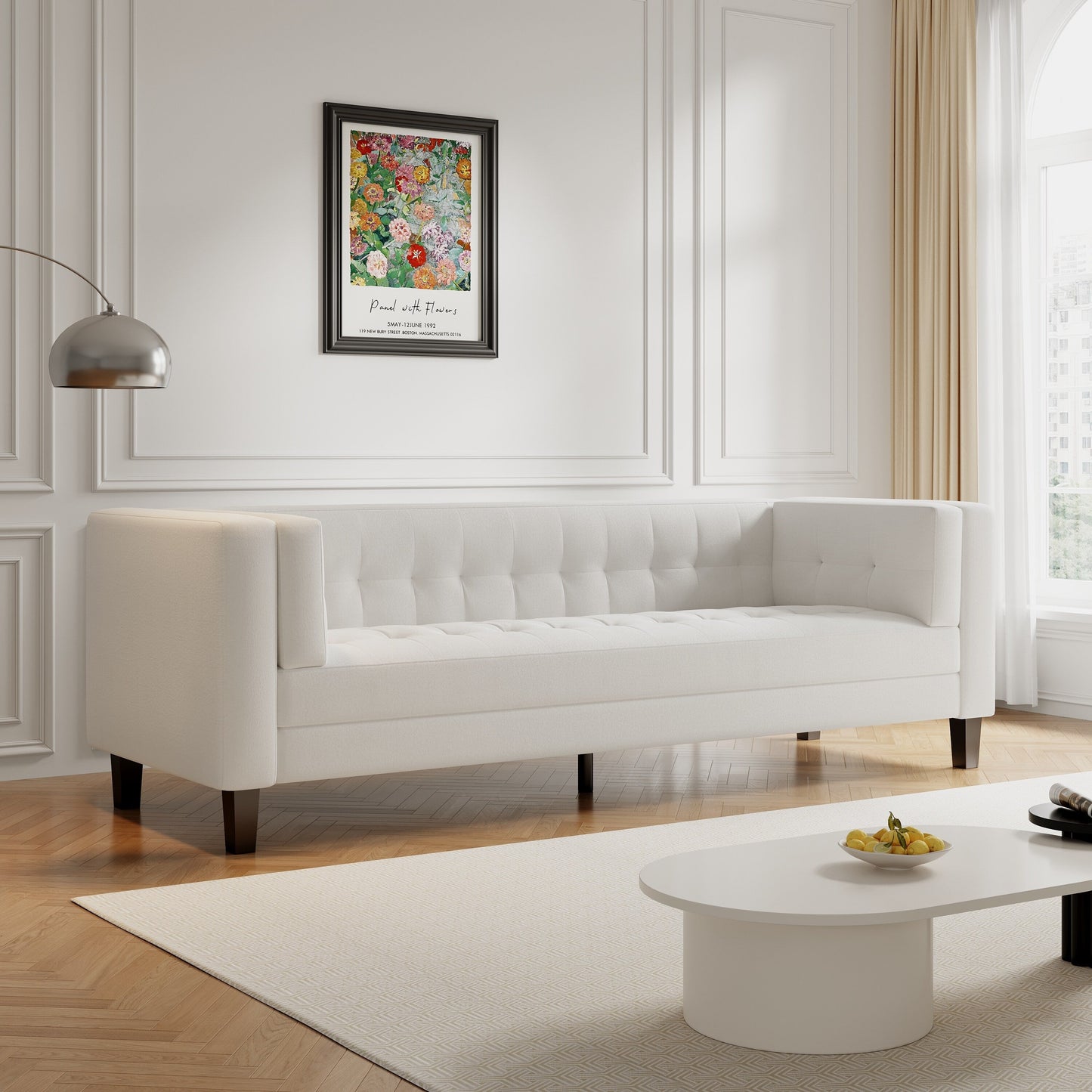 Ivory Velvet Button Tufted 3-seater Sofa with Hardwood Frame