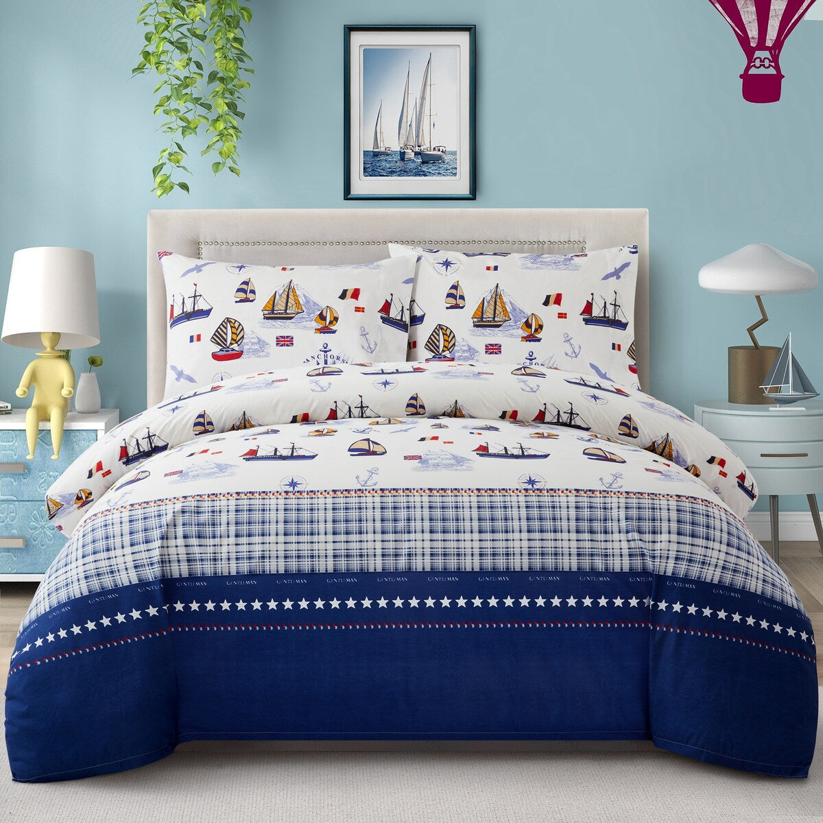 Kids Boys Printed 600 Thread Count Cotton Blend Percale Duvet Cover Fitted Sheet Ensemble Bedding Set, Nautical Sailing Boat