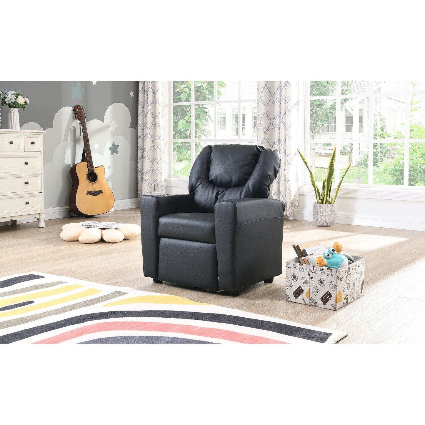 Kids Recliner Chair Black PVC Durable Toddler Chair with Cup Holder Ergonomic Design Easy Assembly 150 lbs Capacity