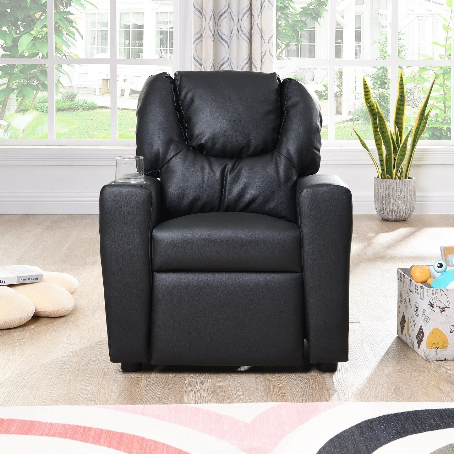 Kids Recliner Chair Black PVC Durable Toddler Chair with Cup Holder Ergonomic Design Easy Assembly 150 lbs Capacity