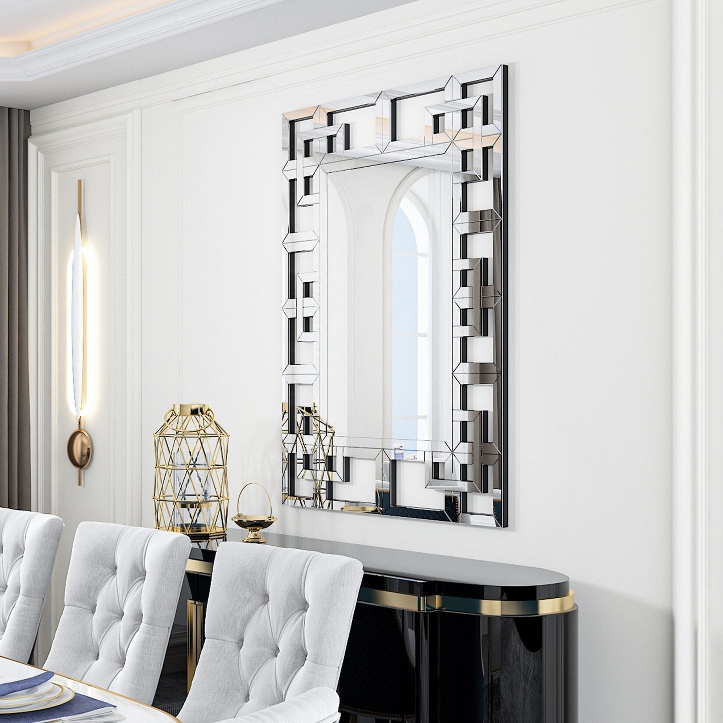 Large Wall Art Mirror Decor Silver Accent Geometric Frame