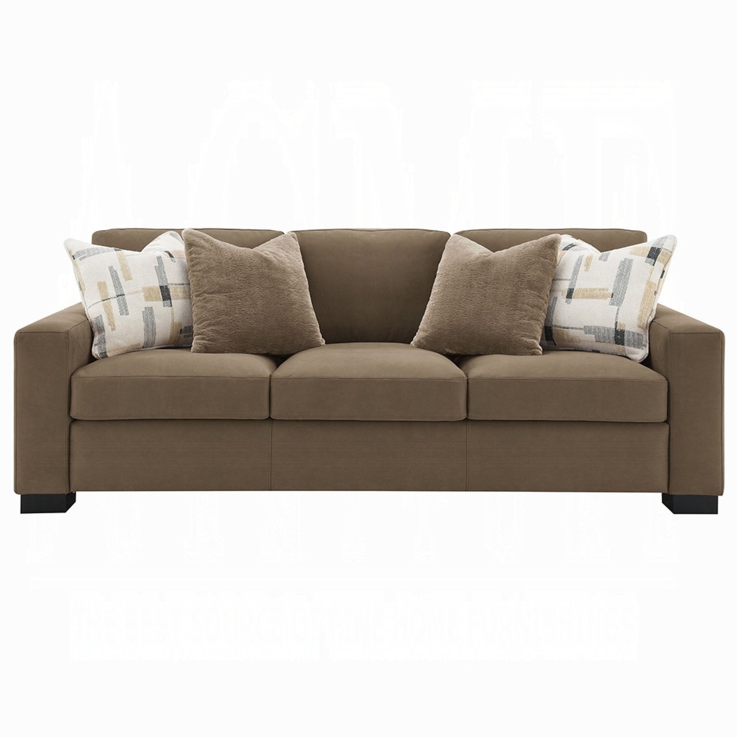 Lenu Modern Sofa w 4 Accent Pillows, Soft Brown Suede Fabric, 89 Inch