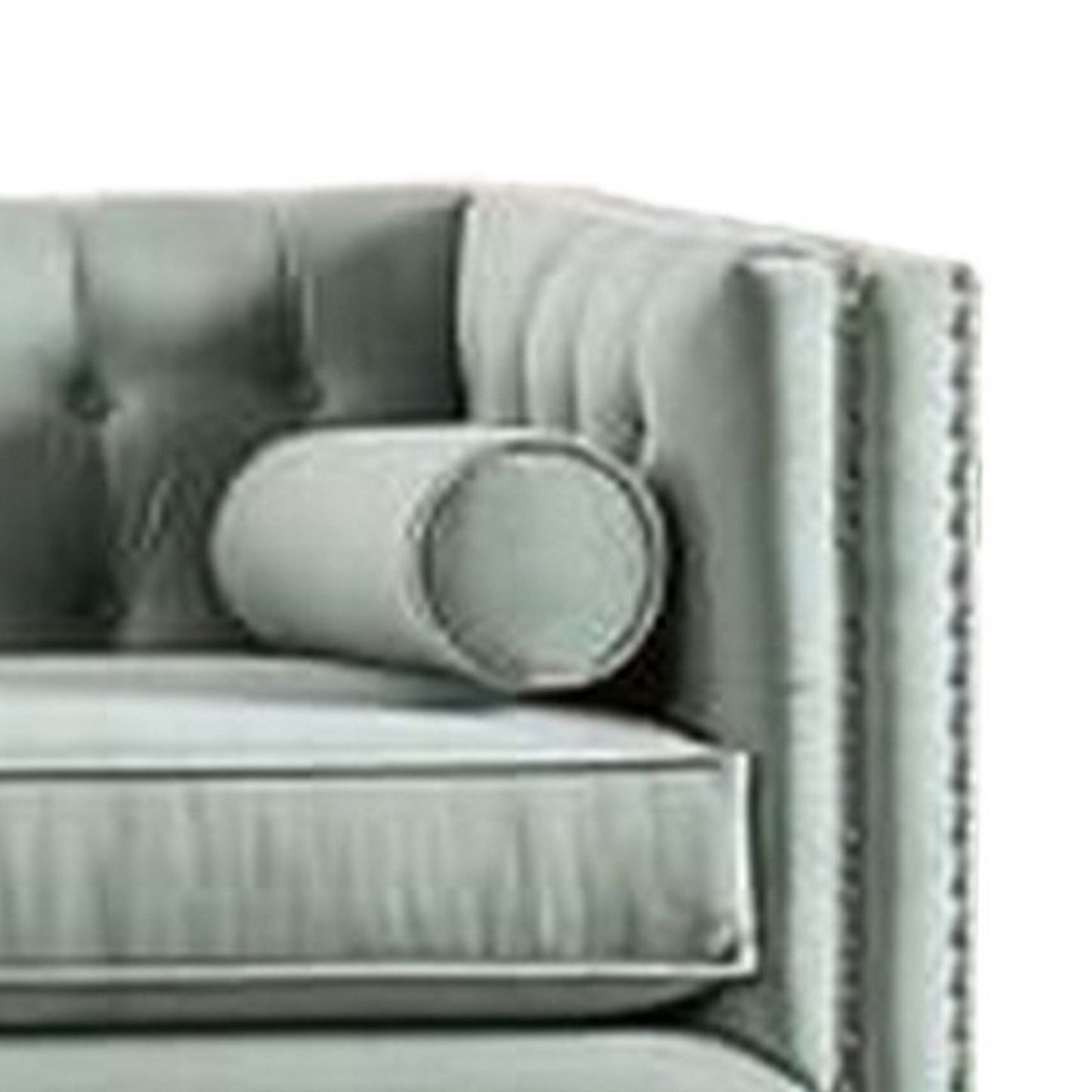 Leone Sofa, Tufted Teal Blue, 2 Bolster Pillows, Nailhead, 93 Inch