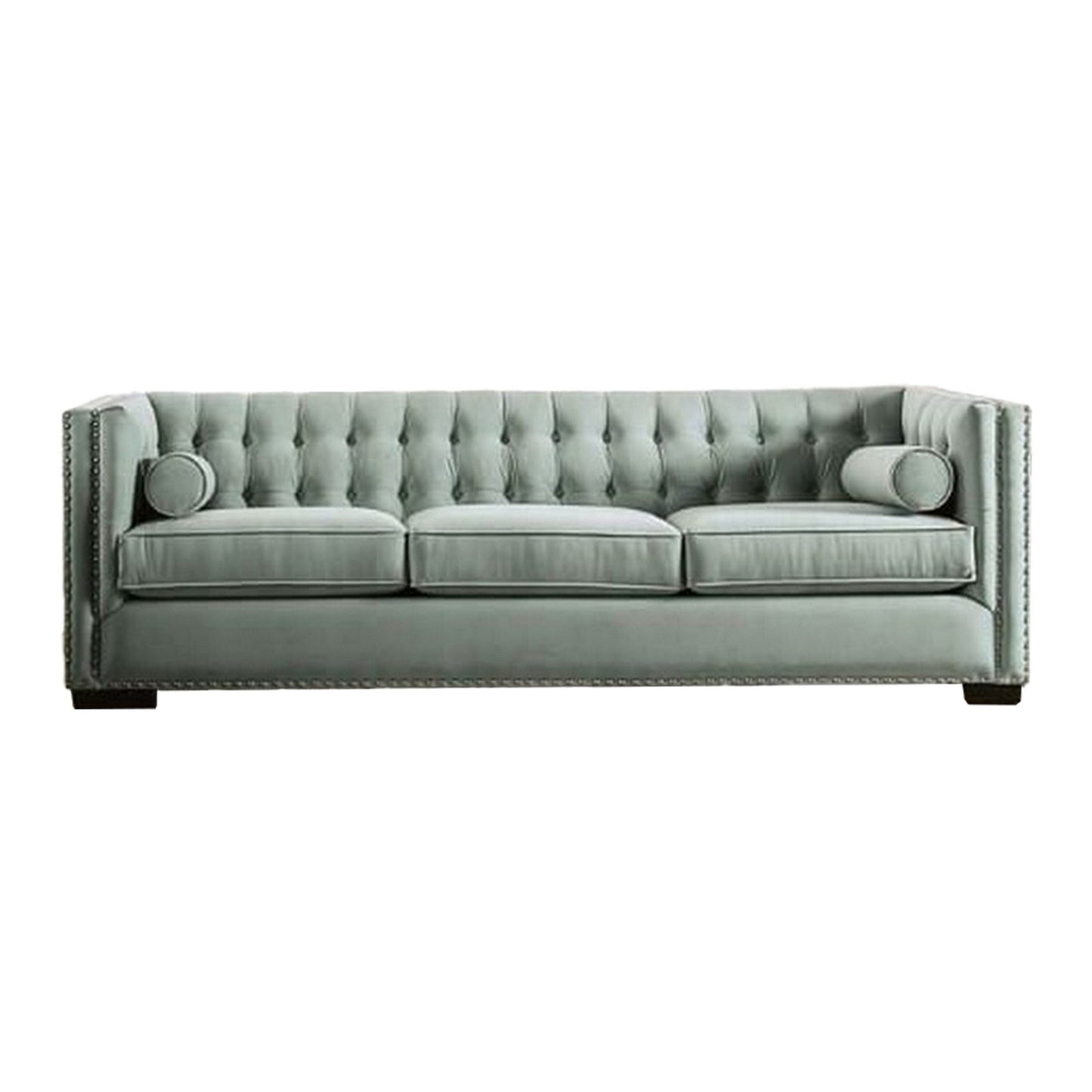 Leone Sofa, Tufted Teal Blue, 2 Bolster Pillows, Nailhead, 93 Inch