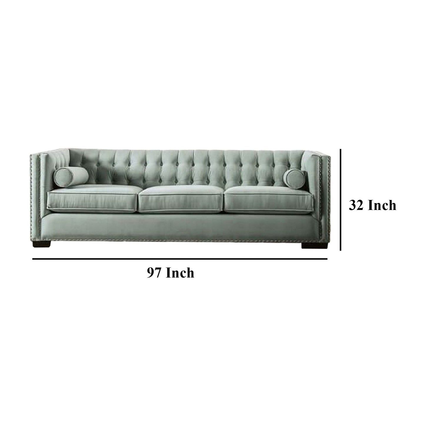 Leone Sofa, Tufted Teal Blue, 2 Bolster Pillows, Nailhead, 93 Inch
