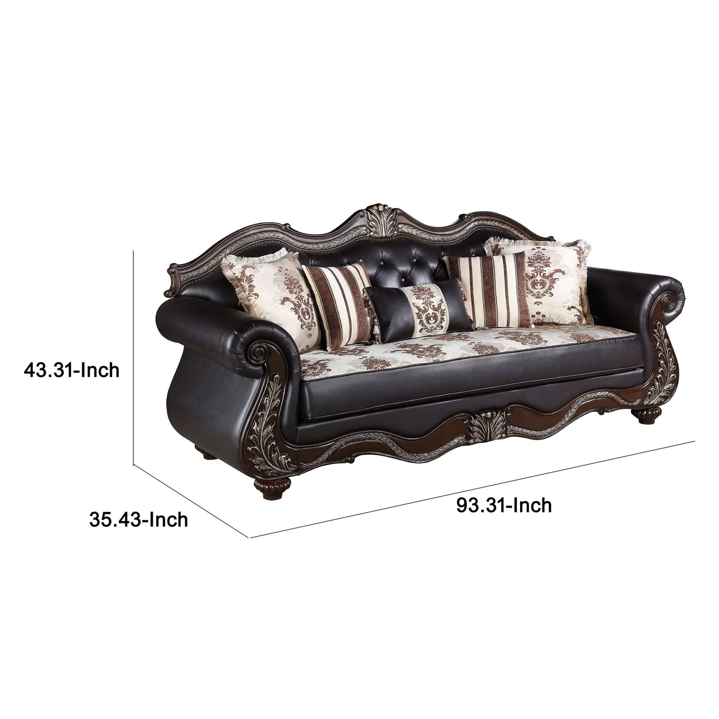 Liana Sofa, Black Faux Leather, Cherry Brown Solid Wood, 93 Inch