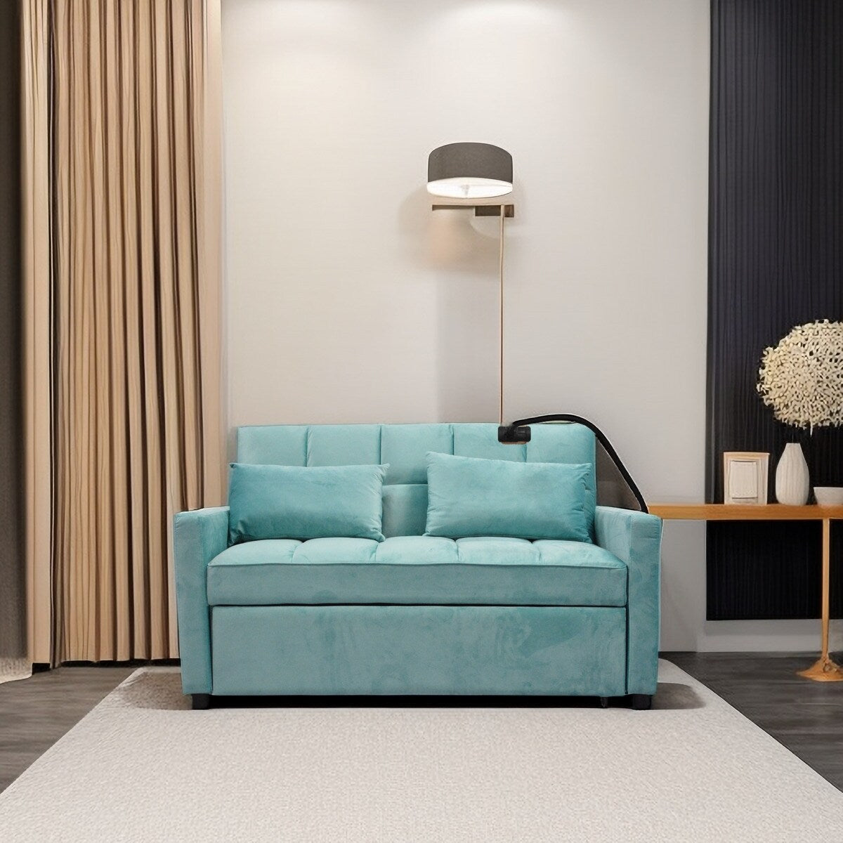Light Blue Convertible Pullout Loveseat Sofa Bed with Phone Holder