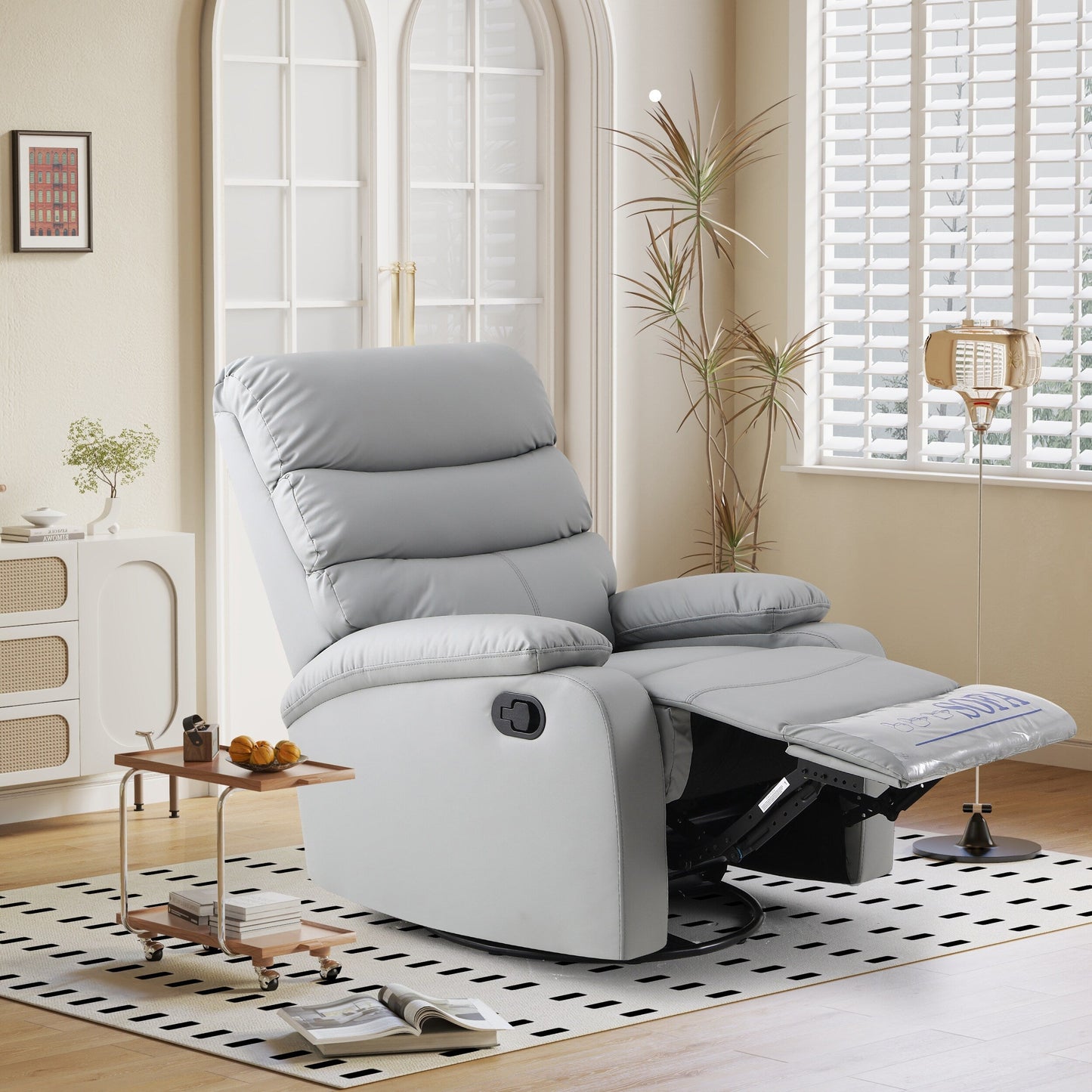 Light Gray PU Leather 360° Swivel Rocker Manual Recliner with Foot Anti Dirty Protection, Cat Scratch-resistant Fabric