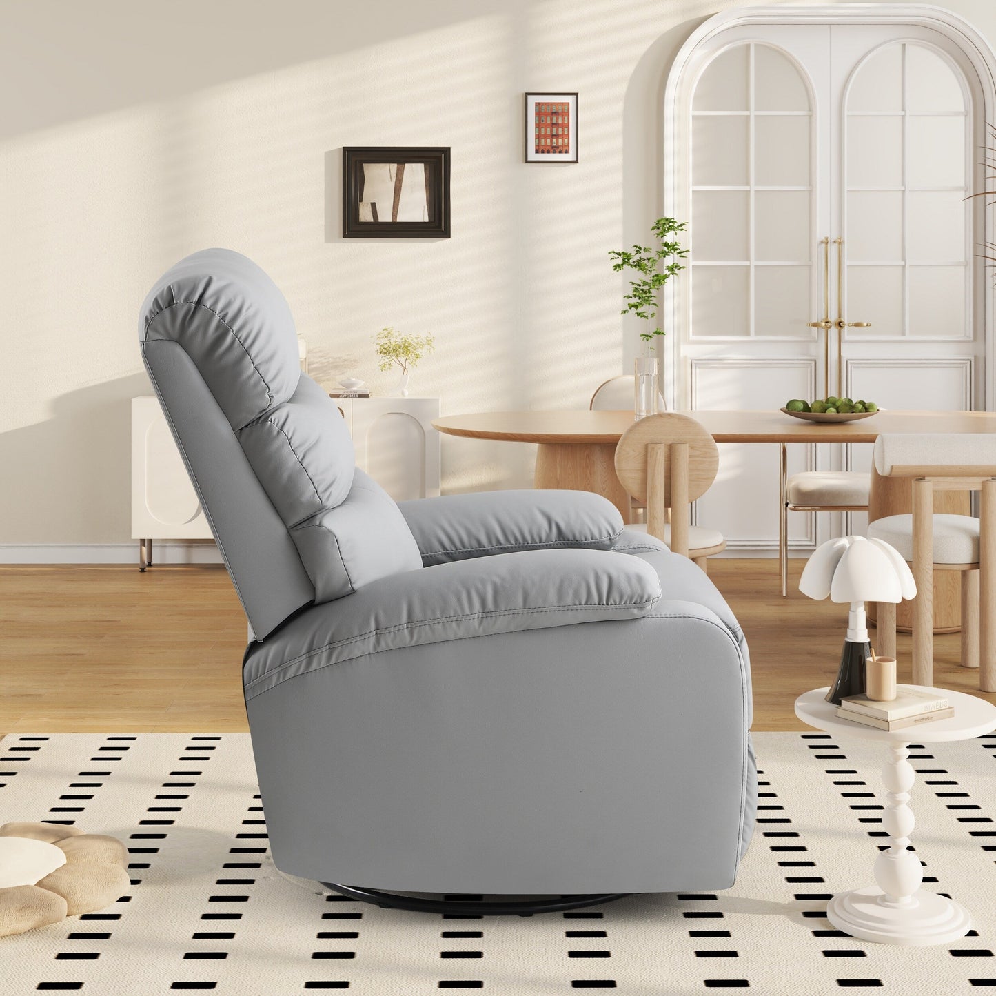 Light Gray PU Leather 360° Swivel Rocker Manual Recliner with Foot Anti Dirty Protection, Cat Scratch-resistant Fabric