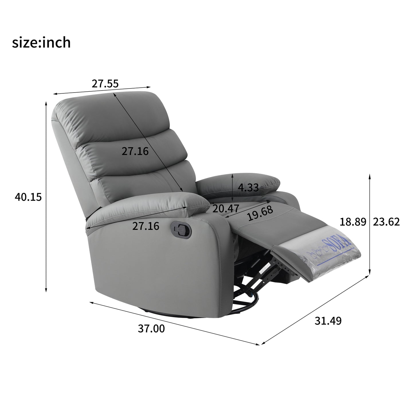 Light Gray PU Leather 360° Swivel Rocker Manual Recliner with Foot Anti Dirty Protection, Cat Scratch-resistant Fabric