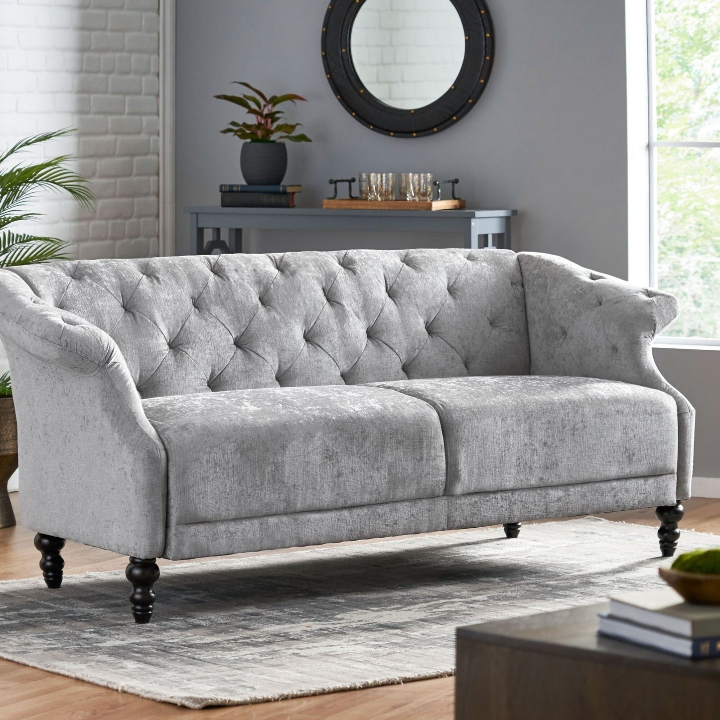 Light Grey 75 Velvet Loveseat Flared Arms Tufted Sofa with Deep Seat and Wood Legs for Living Room