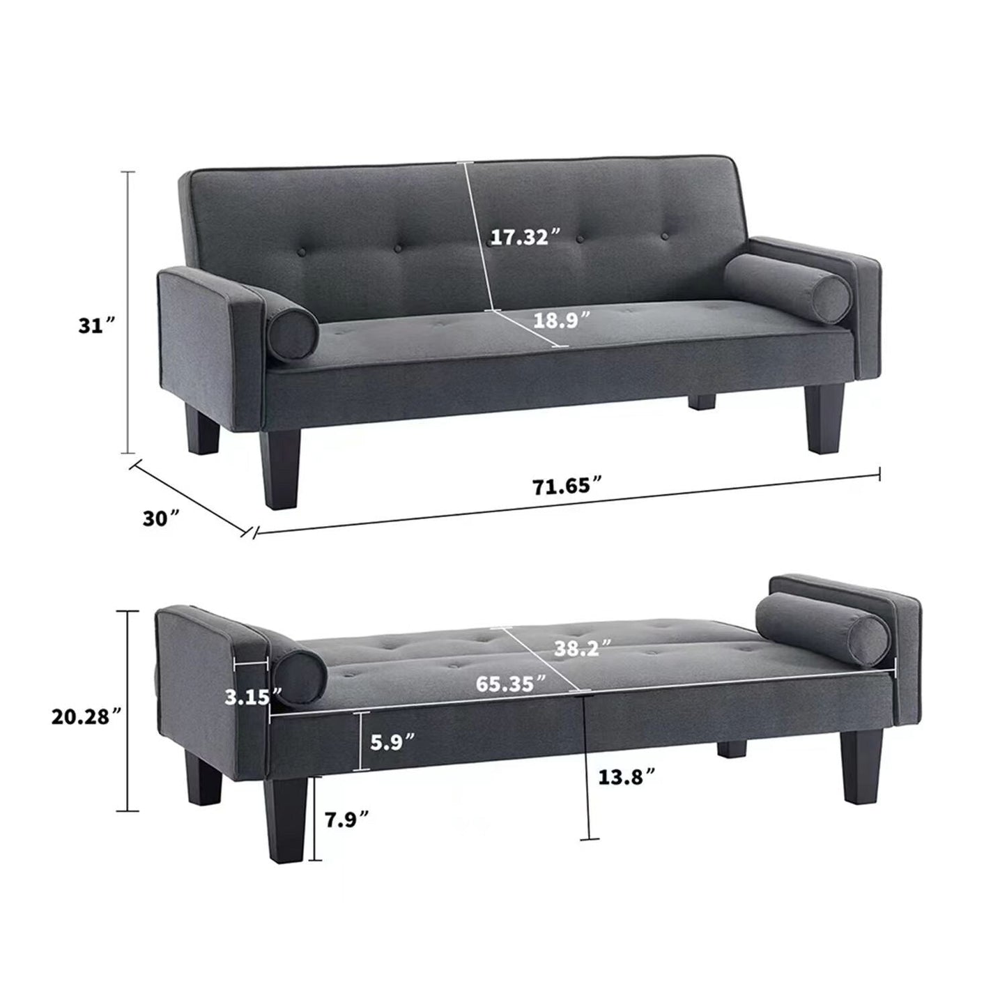 Light Grey Convertible 3-seater Futon Sofa Bed with Wood Legs